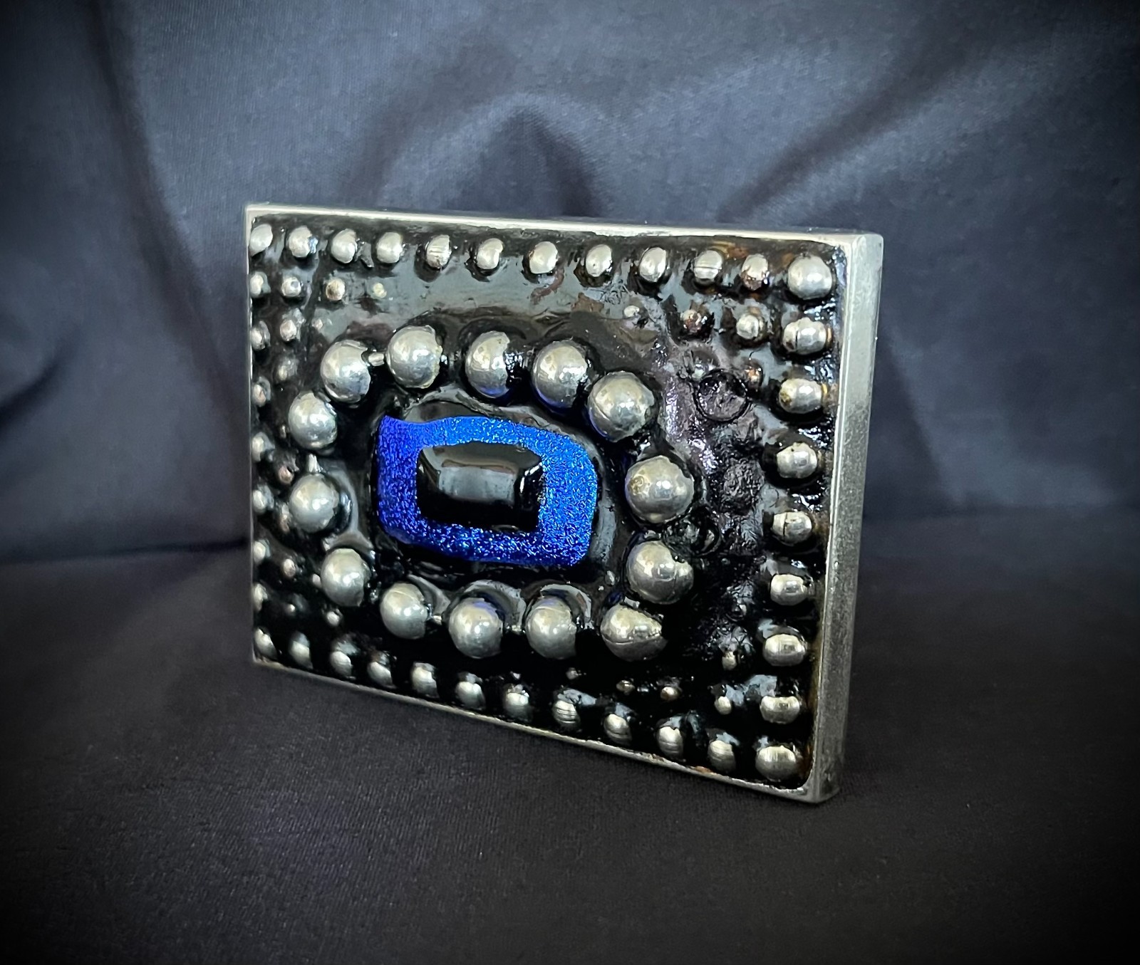 Belt Buckle Industrial Brutalist Blue Stone Beaded Texture OOAK Darren McNeese