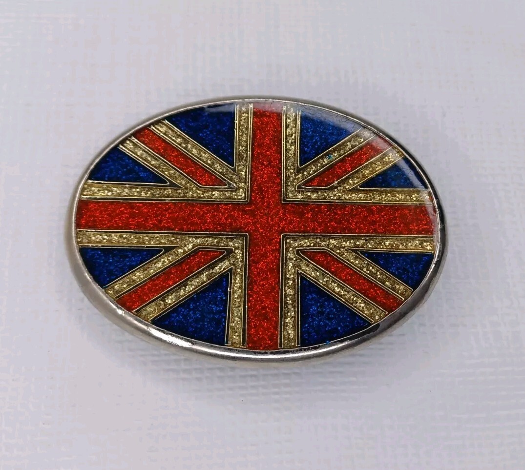 British Flag Belt Buckle Union Jack Glitter Enamel On Silver Tone Metal