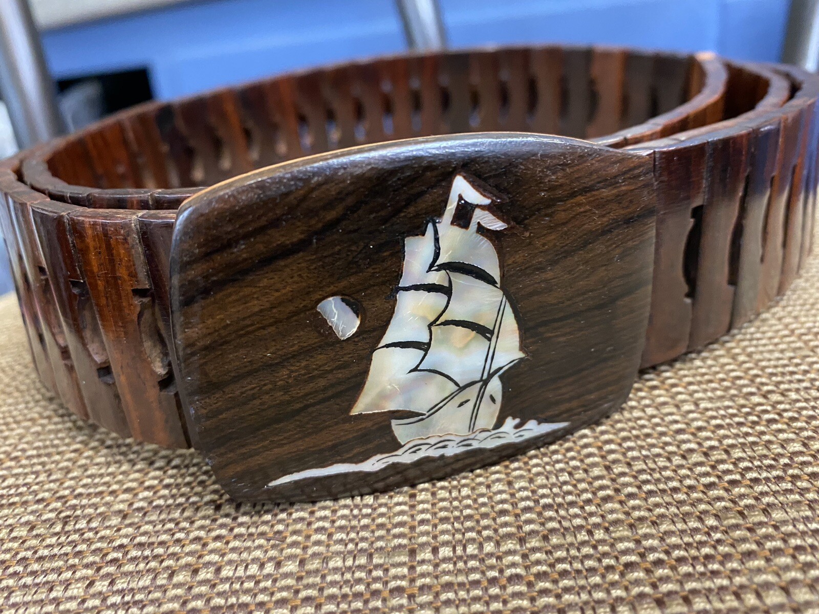 Wood belt buckle: brass / Pearl Ship Buckle 47”
