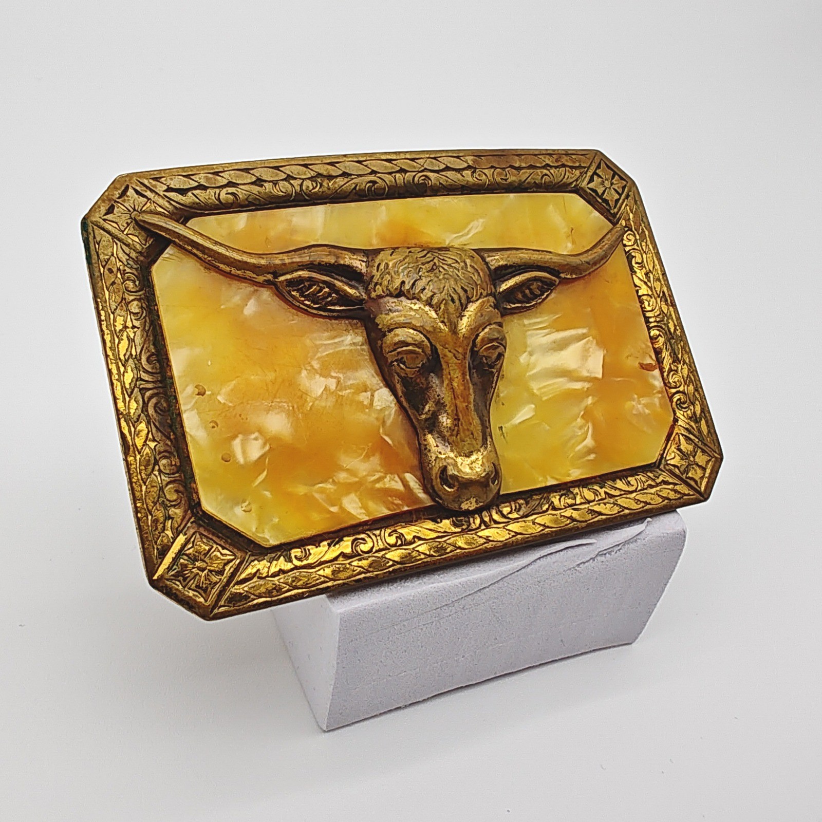 Vintage Western Longhorn Steer Belt Buckle Gold Tone Faux Marble Cowboy Rodeo
