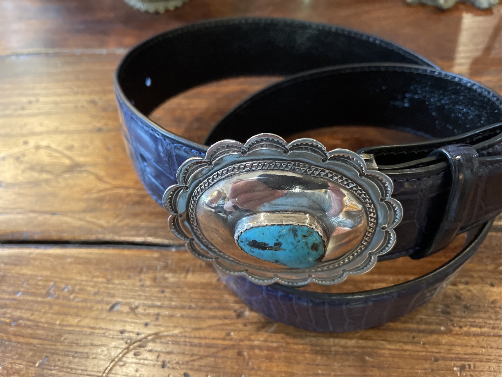 Navajo James Reid Dgn Sterling Silver Turquoise Belt Buckle 31-34-1.5”nu🐊✅