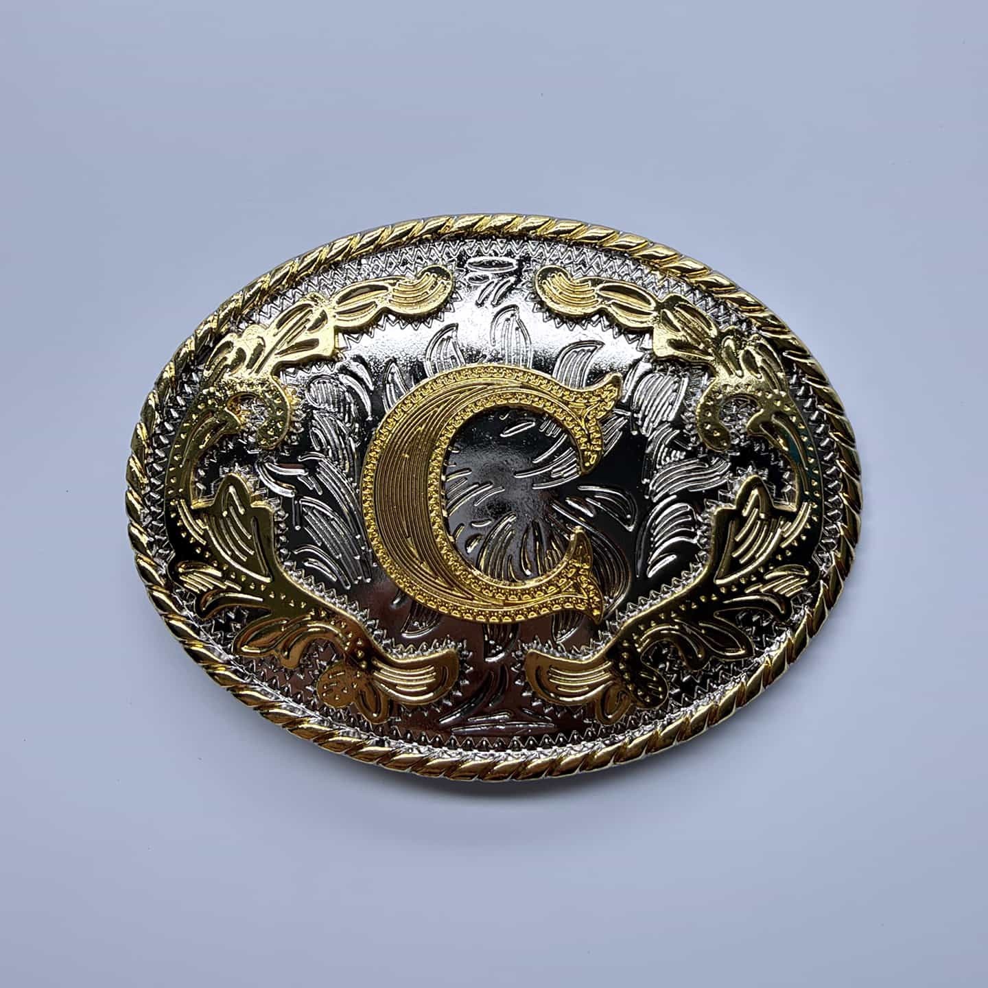Bright Silver With Gold Initial Letter A-Z Cowboy Cowgirl Oval Belt Buckle