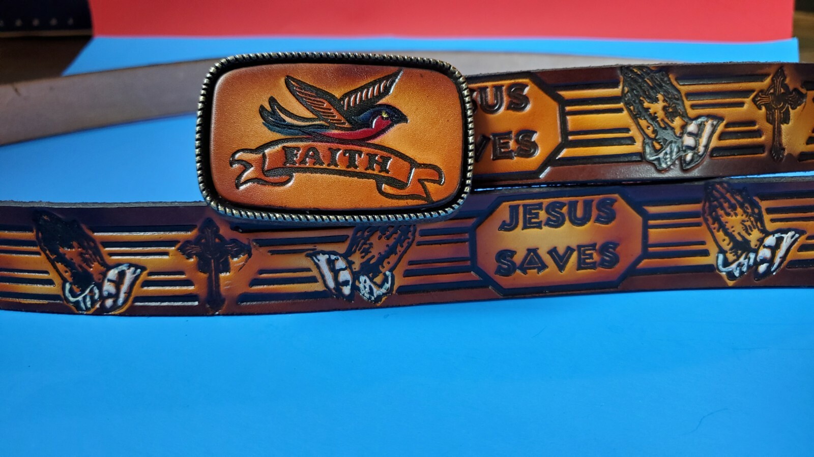 JESUS SAVES Religious Theme Leather Belt & FAITH Leather Buckle – All Sizes
