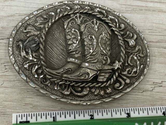 Vintage 1970s Solid Pewter Design Cowboy Cowgirl Western Boots Belt Buckle USA