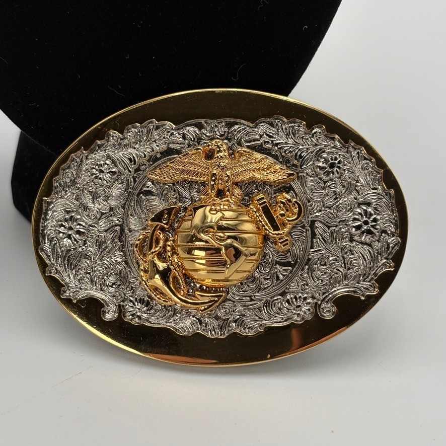 USMC Marine Corps Eagle Globe and Anchor Two Tone Gold Silver Belt Buckle EGA