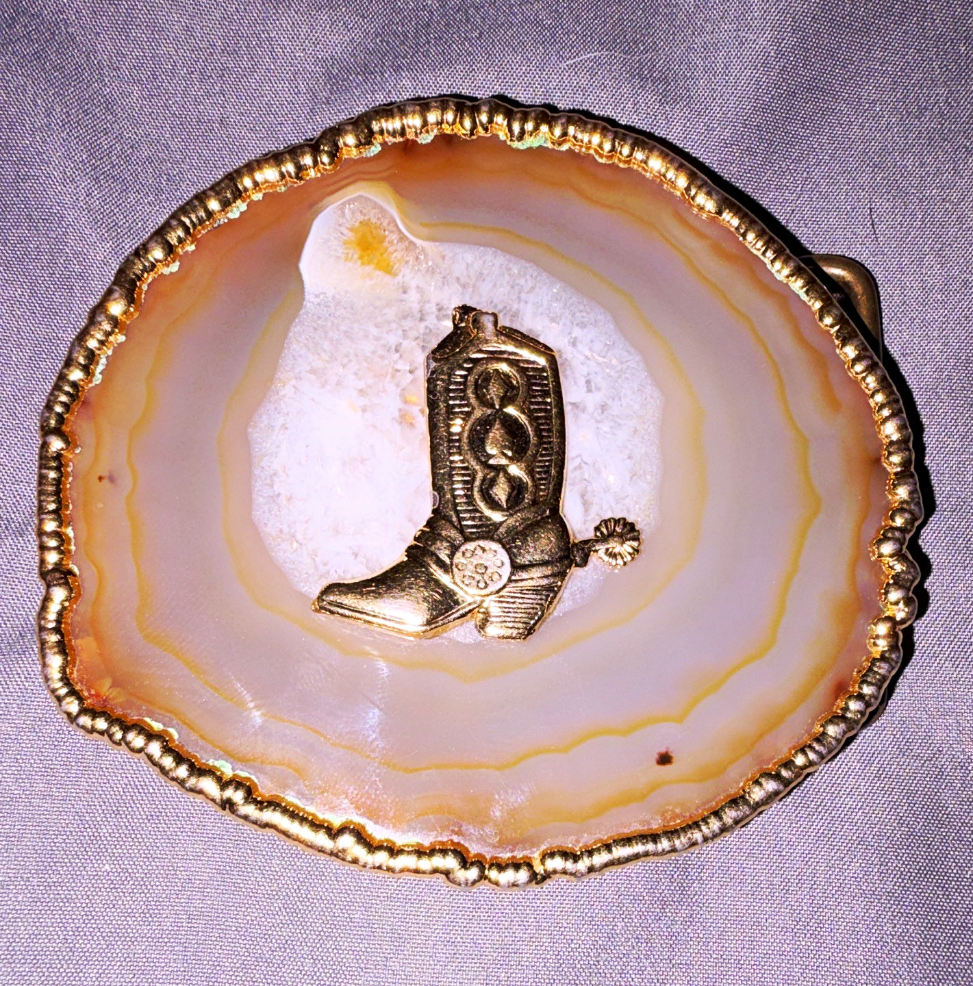 Vintage Agate Slice Belt Buckle Gold Tone Cowboy Western Boot Spur Geode Rock