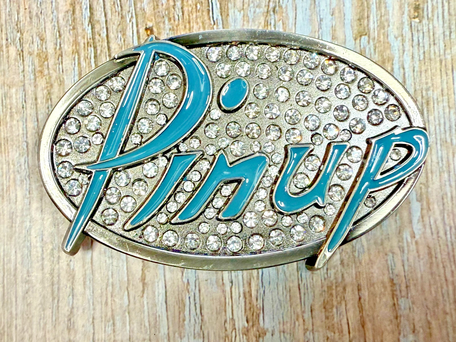 Pinup Girl – Blue Lettering Fashion Statement Novelty Jeweled Oval Belt Buckle