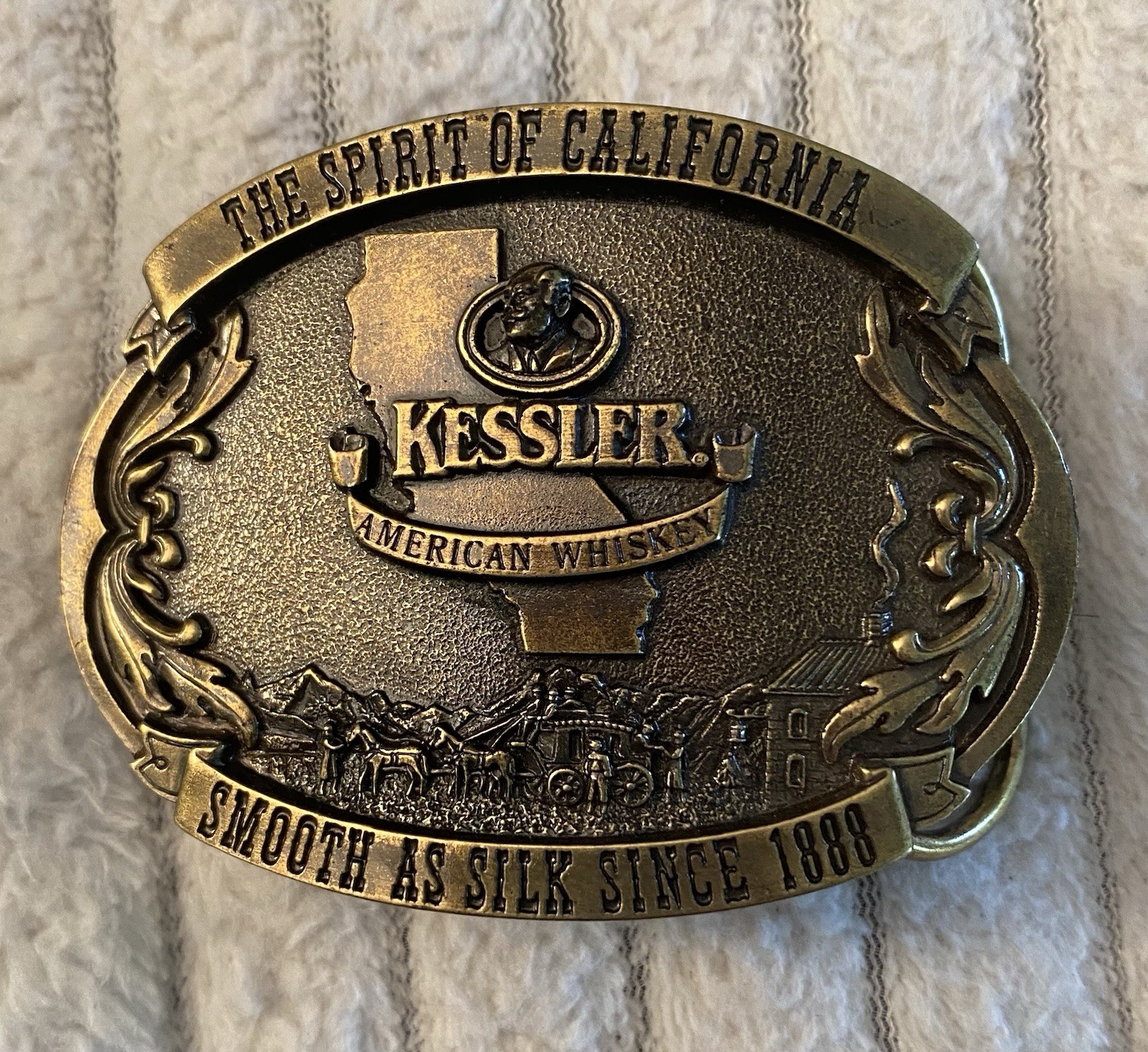 Belt Buckle, Brass, Kessler American Whiskey Spirit of California,1993 Ltd., Ed.