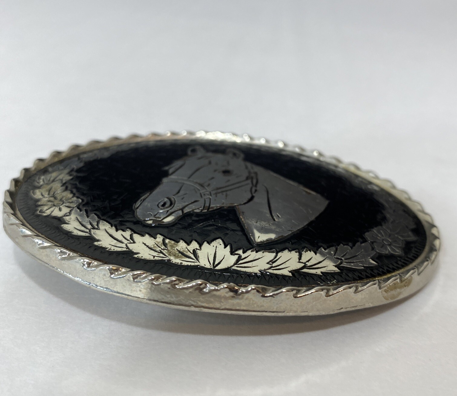 Bridled Horse Head Oval Belt Buckle Black Silver Equestrian Made in USA