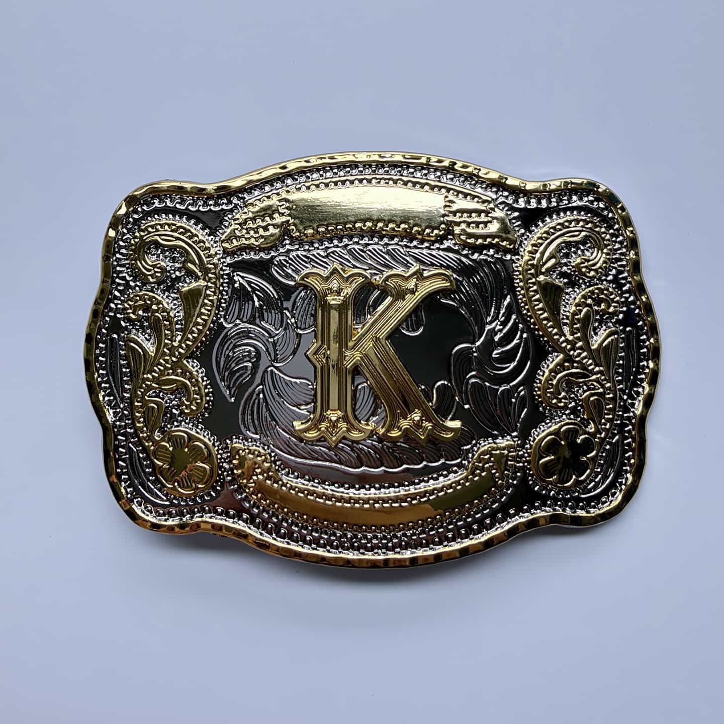Bright Silver With Gold Initial Letter A-Z Cowboy Cowgirl Rectangle Belt Buckle