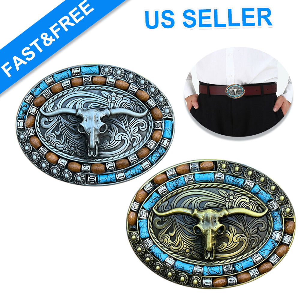 Belt Buckle Men Women Western Cowboy Turquoise Cow Skull Longhorn Belt Buckle US