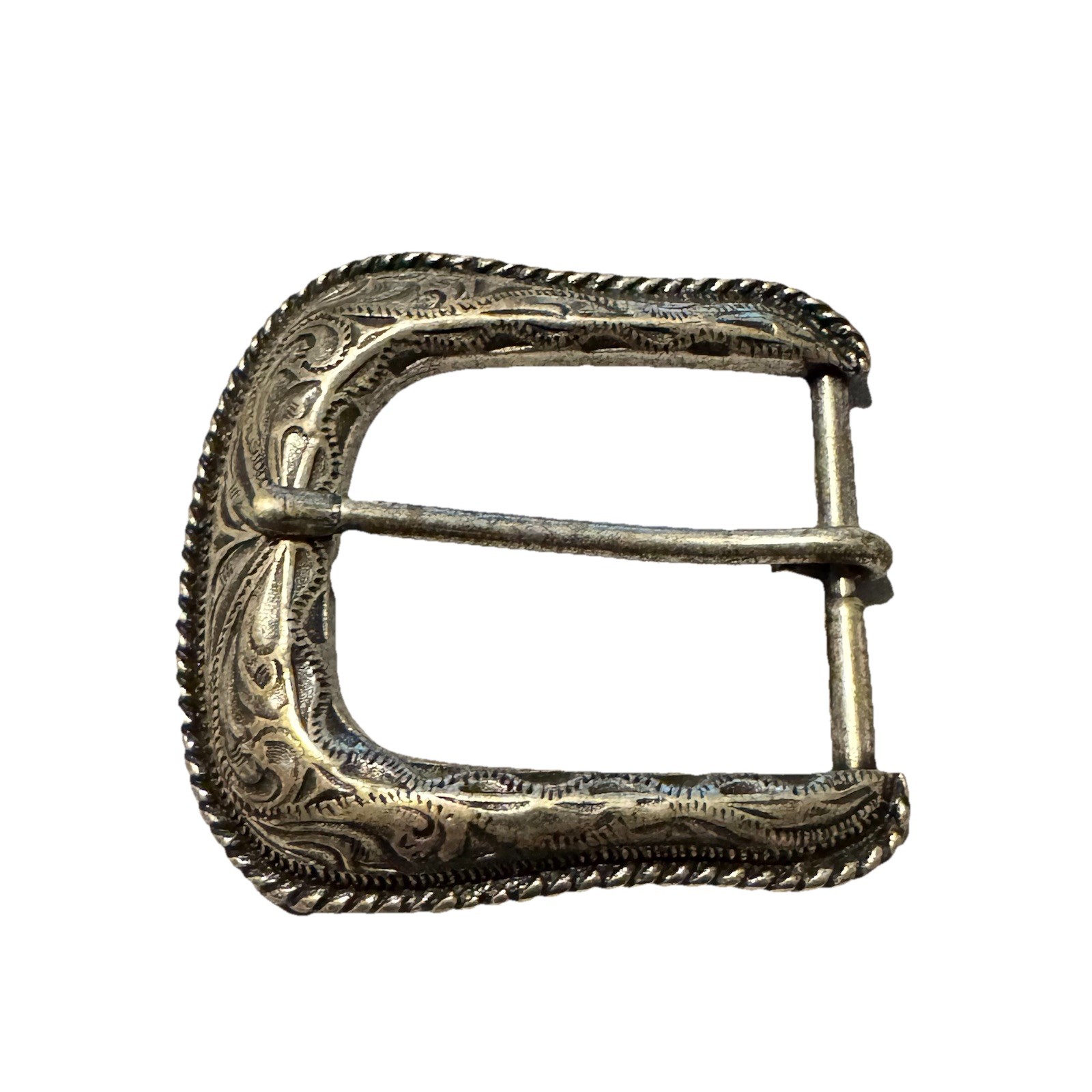 Rope Edge Western Engraved Vintage Belt Buckle 1 1/2&Prime; Silver Tone