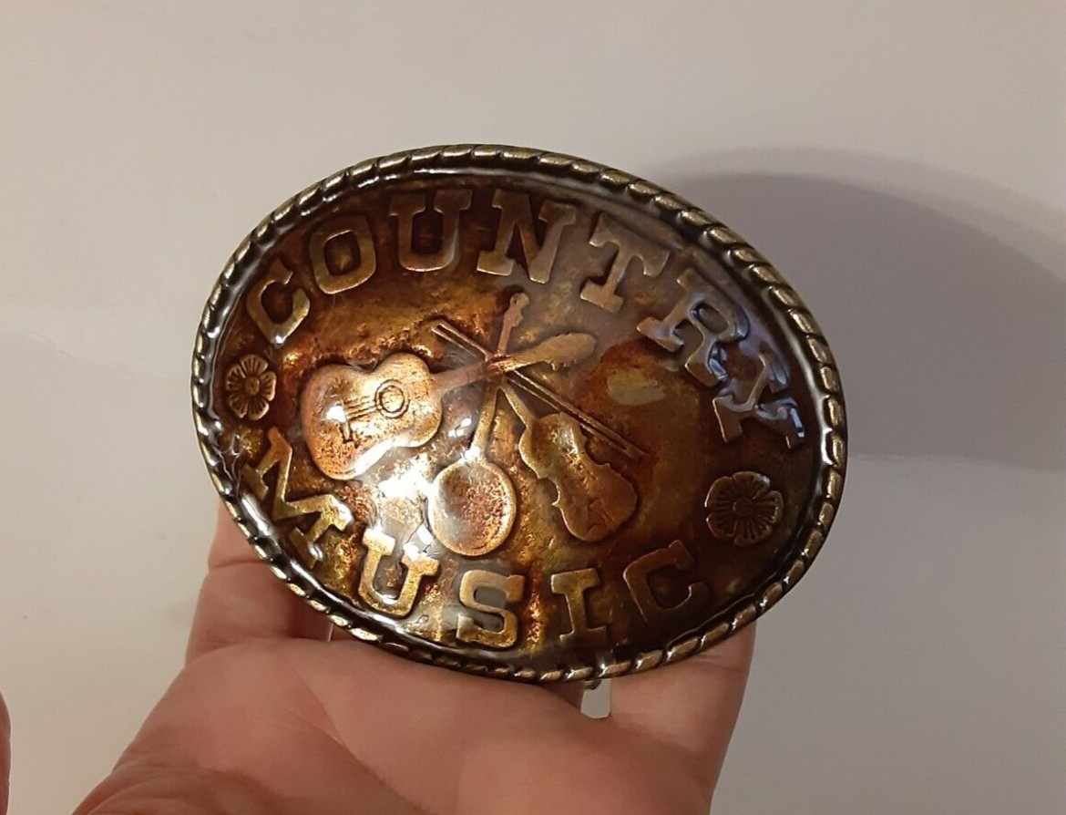 VTG Country Music Enamel Solid Brass Oval Belt Buckle Music