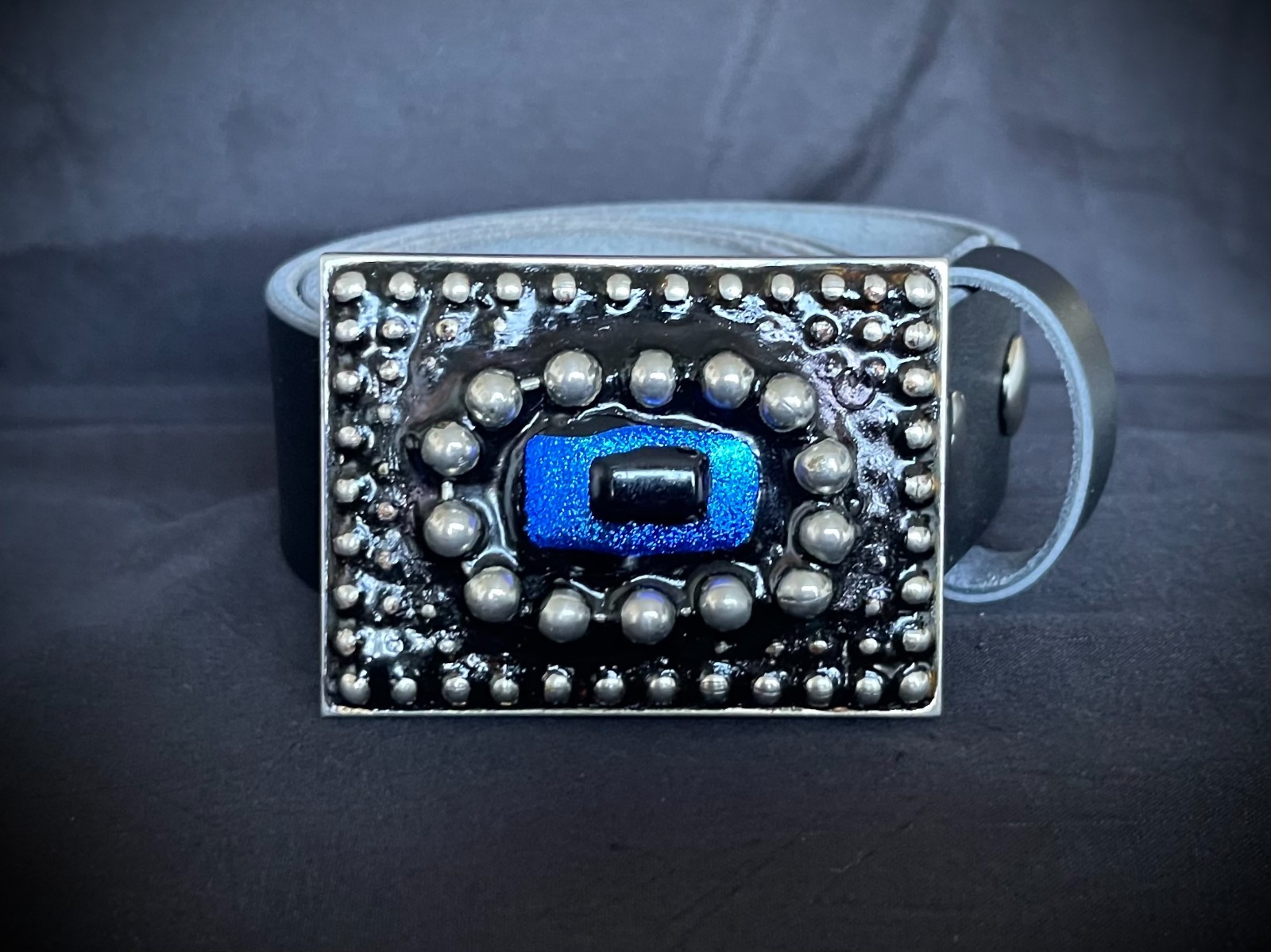 Belt Buckle Industrial Brutalist Blue Stone Beaded Texture OOAK Darren McNeese