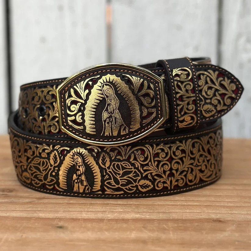 Genuine Laser Cut Leather Virgen Western Belt with Removable Buckle – Gold