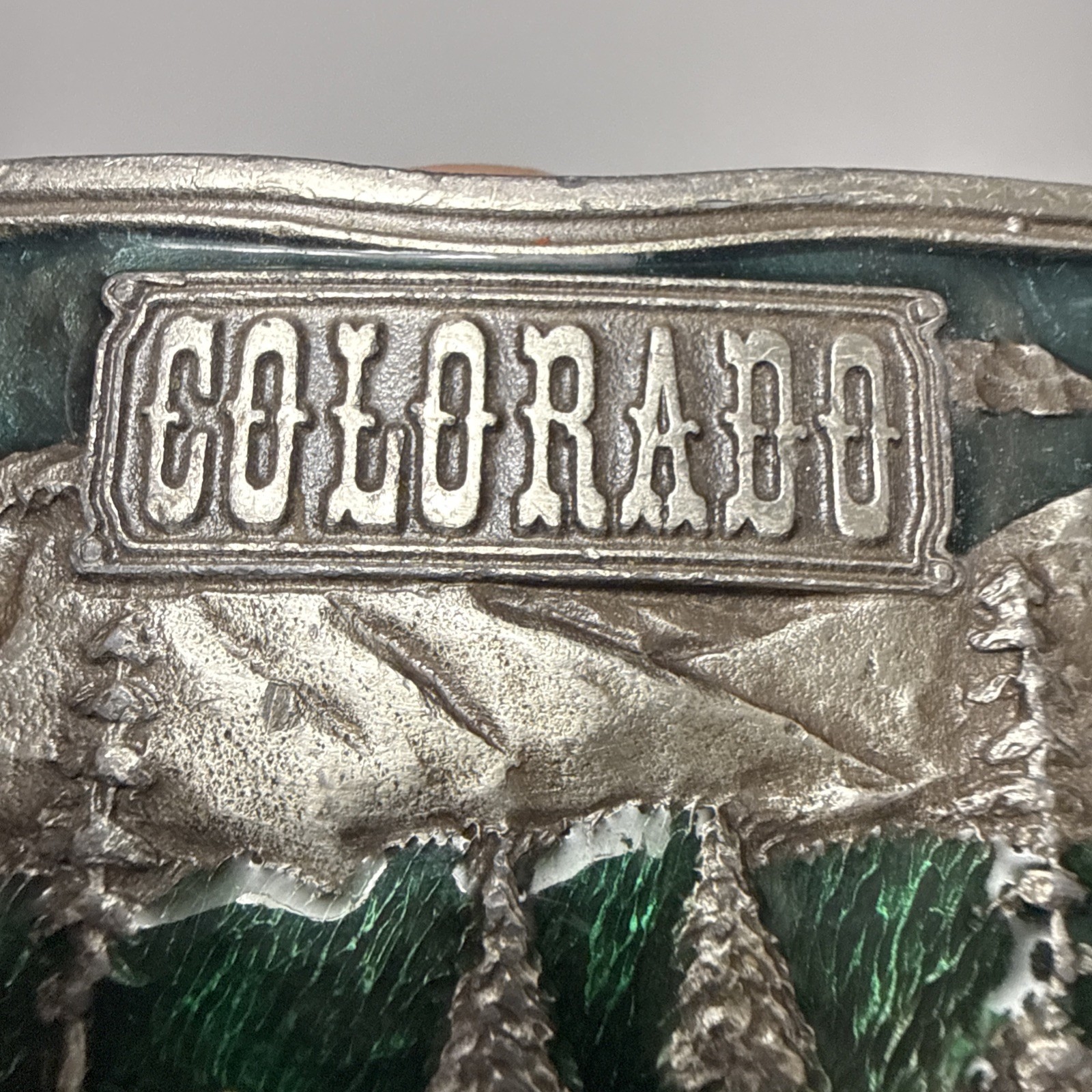 VTG 1976  » COLORADO  » BERGAMOT Brass Works Enamel DIX Leather BELT BUCKLE – NICE