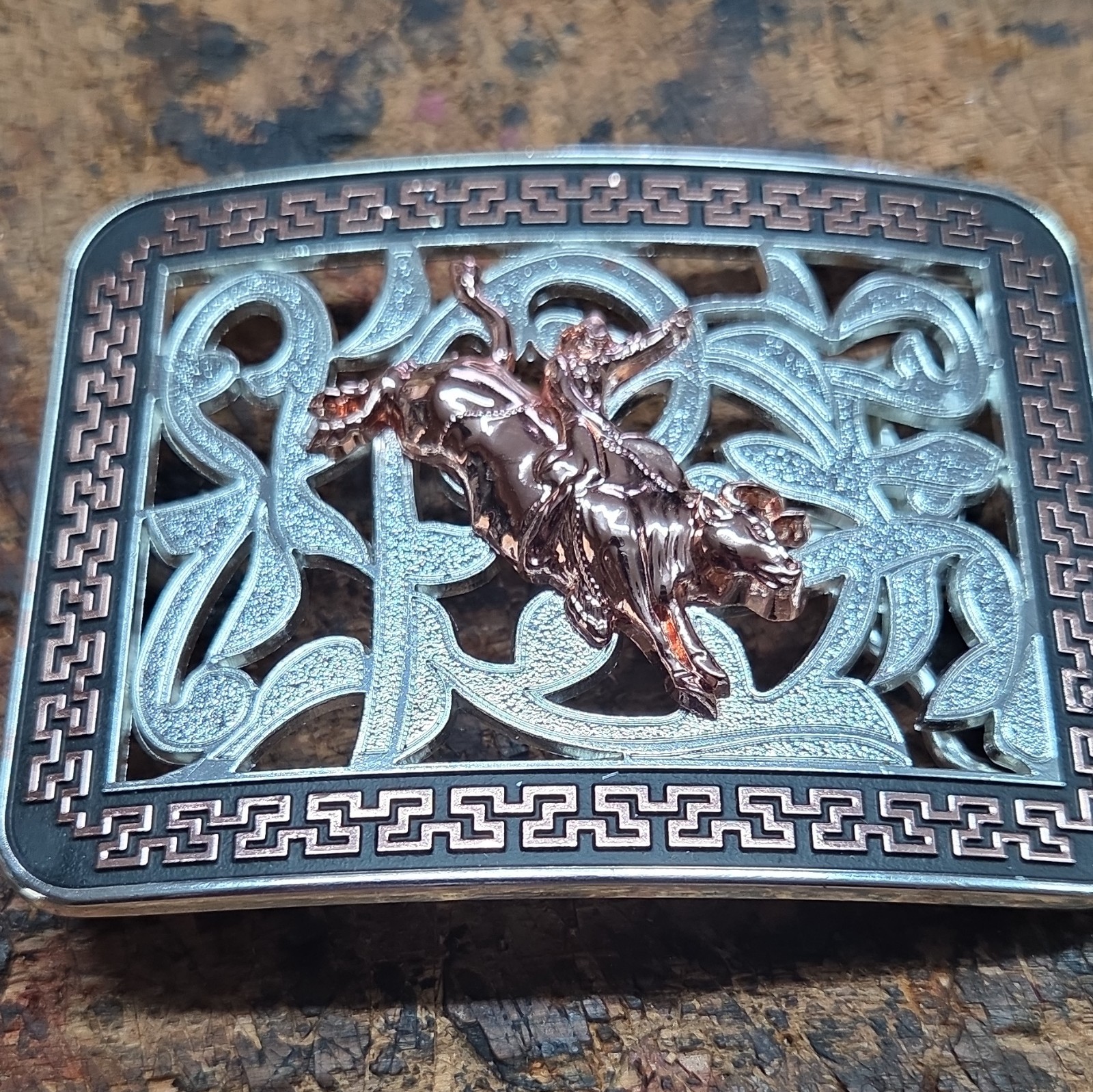 Western Metal Belt Buckle Bull Rider Scroll Engraved Silver Copper Tone 1.5in