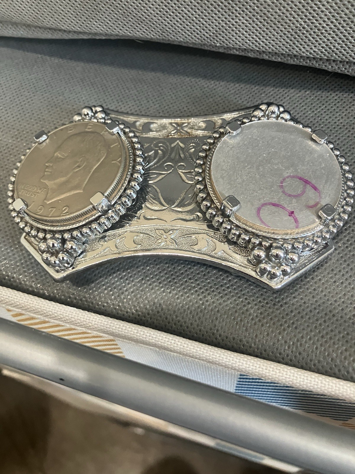 Silver Western Coin Men’s Belt Buckle, Oval Floral Pattern, Beaded Metal