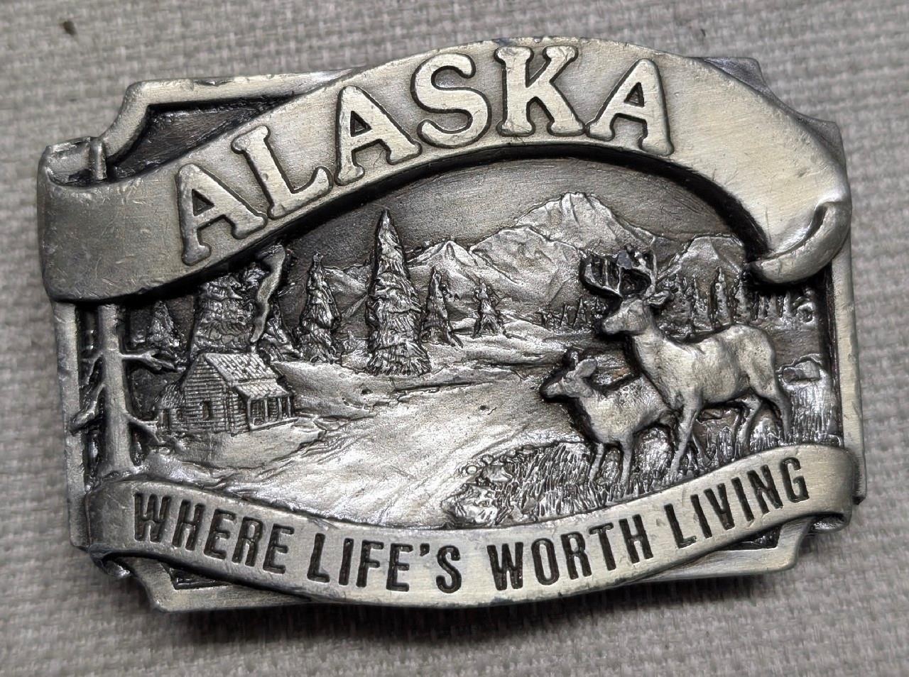 1980s vintage ALASKA belt buckle WESTERN pewter DEER where life if worth living