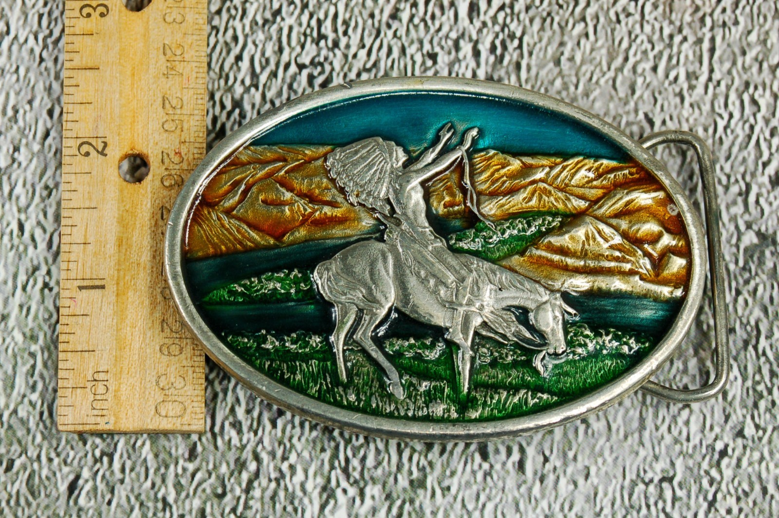 Bergamot Brass vintage Chief Joseph enamel on metal western belt buckle