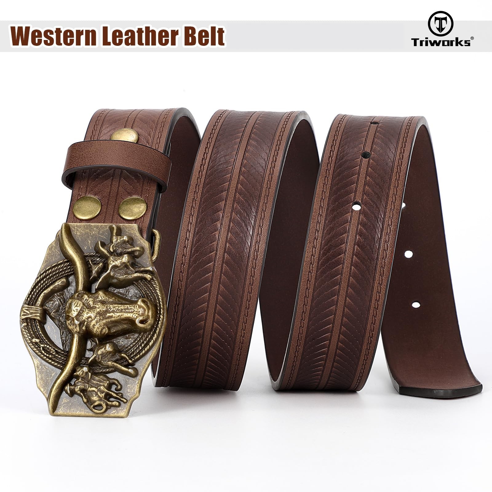 TRIWORKS Western Cowboy Leather Belt for Men Women Fit Size 34&Prime;-37&Prime;, Coffee