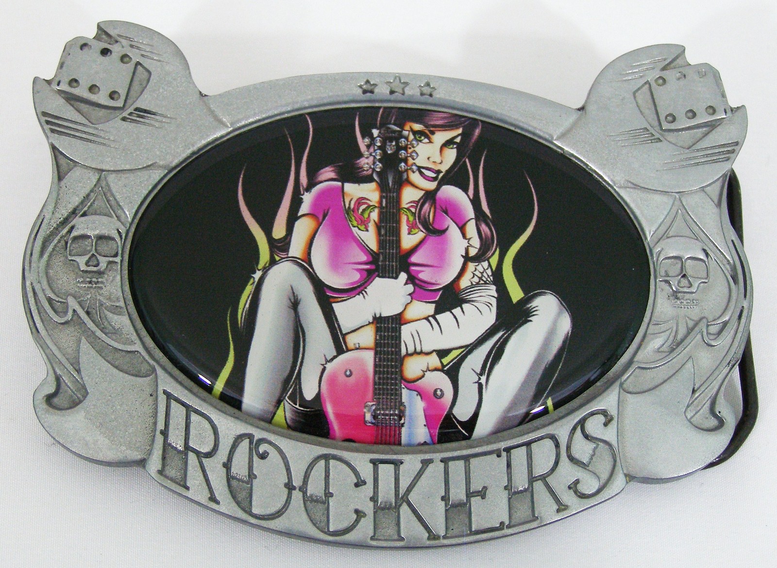 BELT BUCKLES Rocker Chick Flaming Guitar D. Vicente Silver Rectangle Music NWOT!