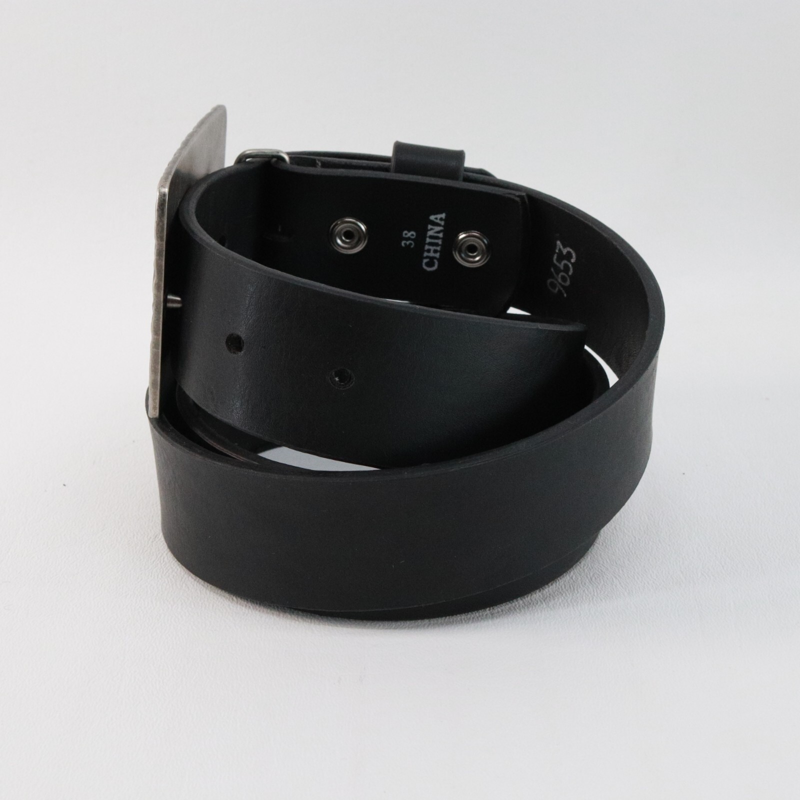 Hammered Belt Women Black Faux Leather Silver Plaited Buckle Cross Biker