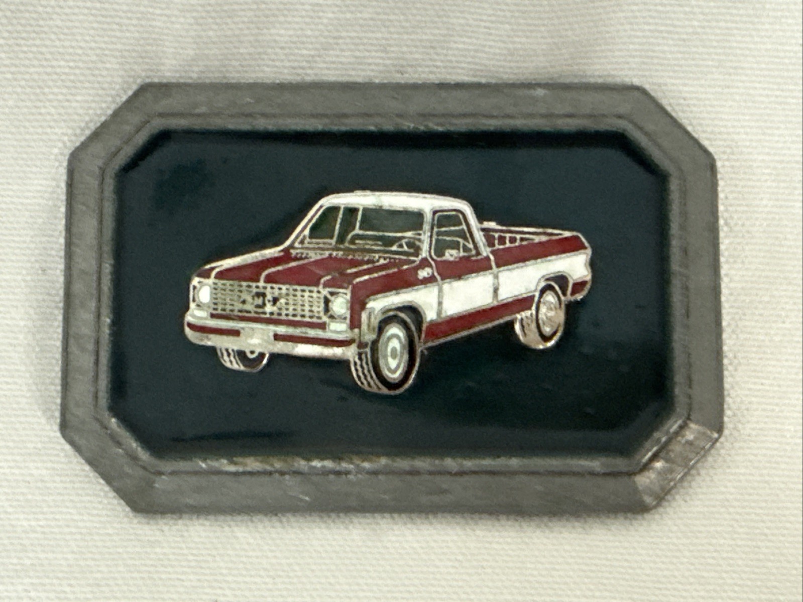 Vintage Enameled Red & White 70&rsquo;s GMC Pick Up Truck Belt Buckle FREE SHIPPING