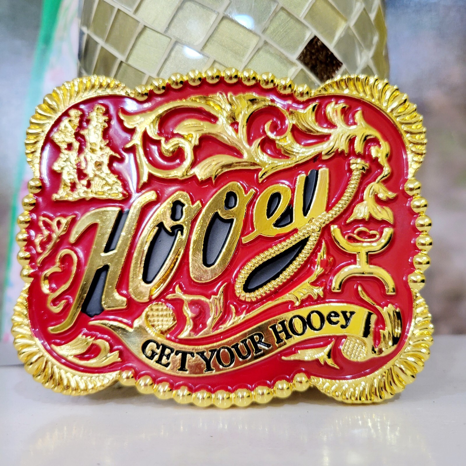 Western belt buckle 3.5 X 4 inches gold red for 2&Prime; belt zinc alloy bling