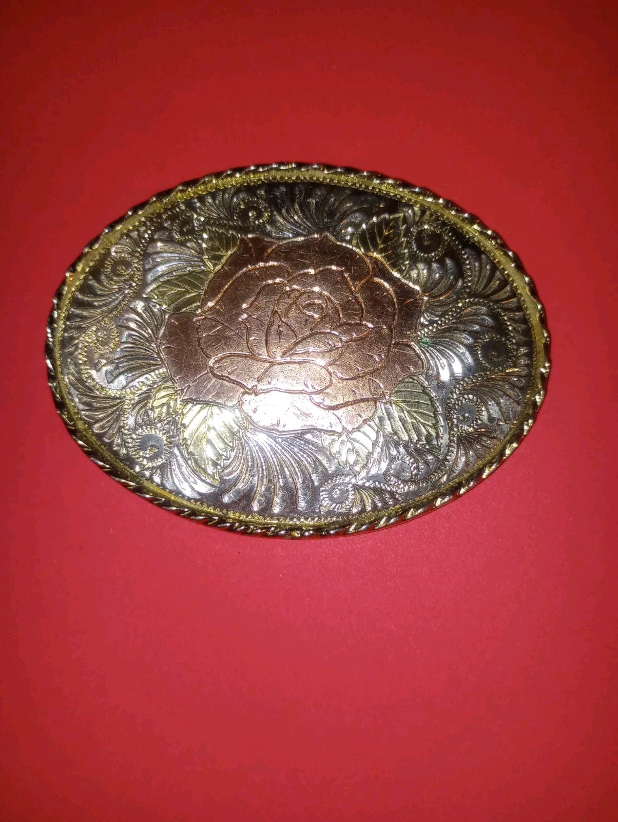 Fancy Ladies Gold Silver & Rose Gold Tone Metal Etched Rose Belt Buckle US Made