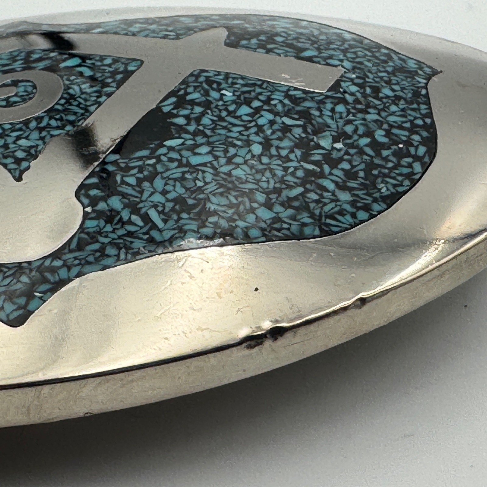 Vintage Masonic Belt Buckle Turquoise Chip Inlay Compass Silver Tone