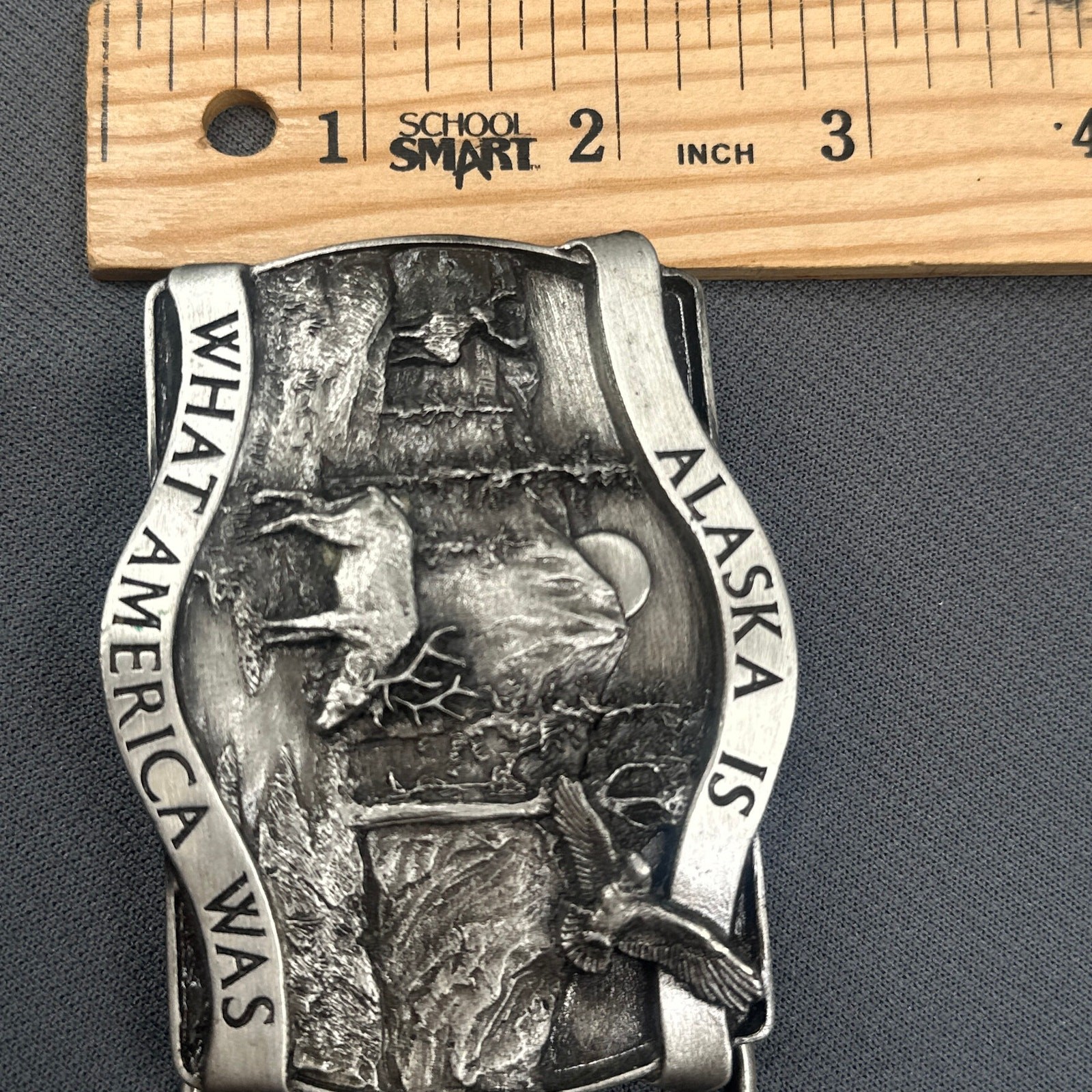 VTG 1981 Alaska Belt Buckle Wildlife Deer Eagle Mountain Western Bergamot Brass