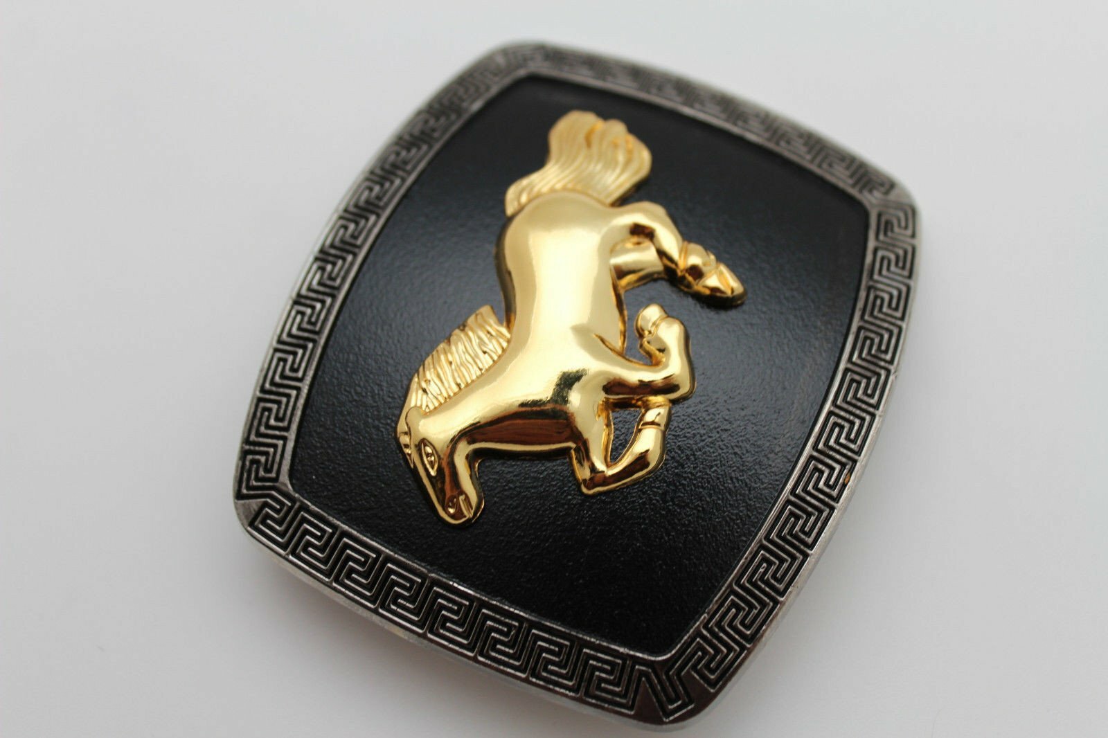 Men Women Western Belt Buckle Silver Metal Square Gold Rodeo Horse Black Fabric