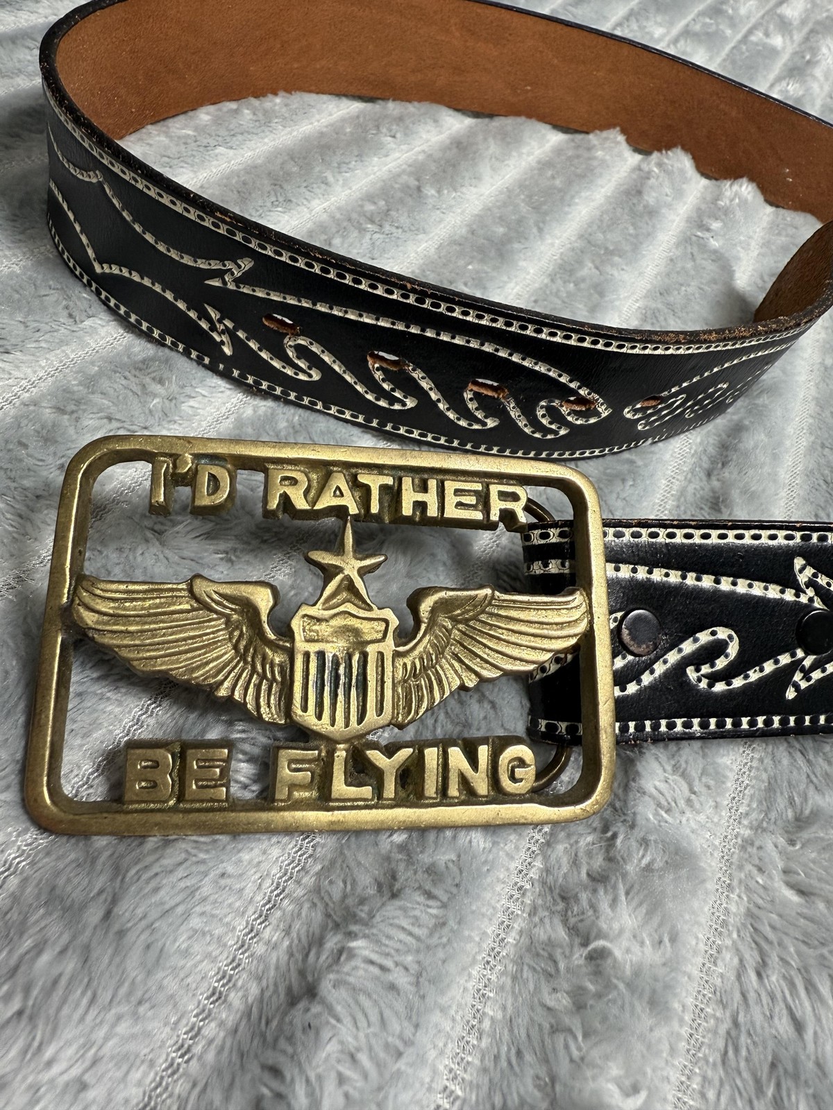Vtg Solid Brass Id Rather Be Flying Belt Buckle & Leather Belt Pilot Aviation
