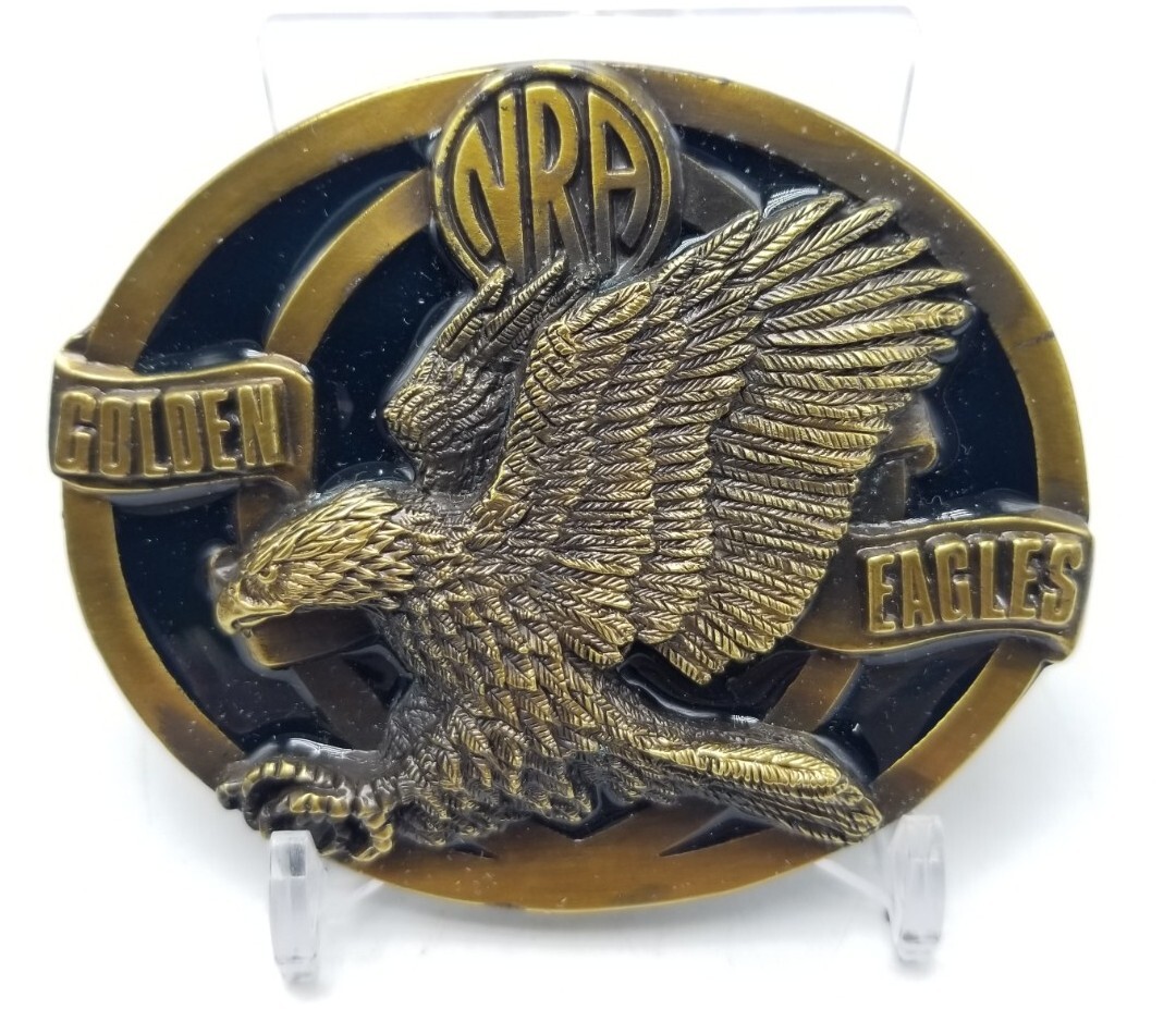 NRA Golden Eagles Brass Black Enamel Belt Buckle in Original Box