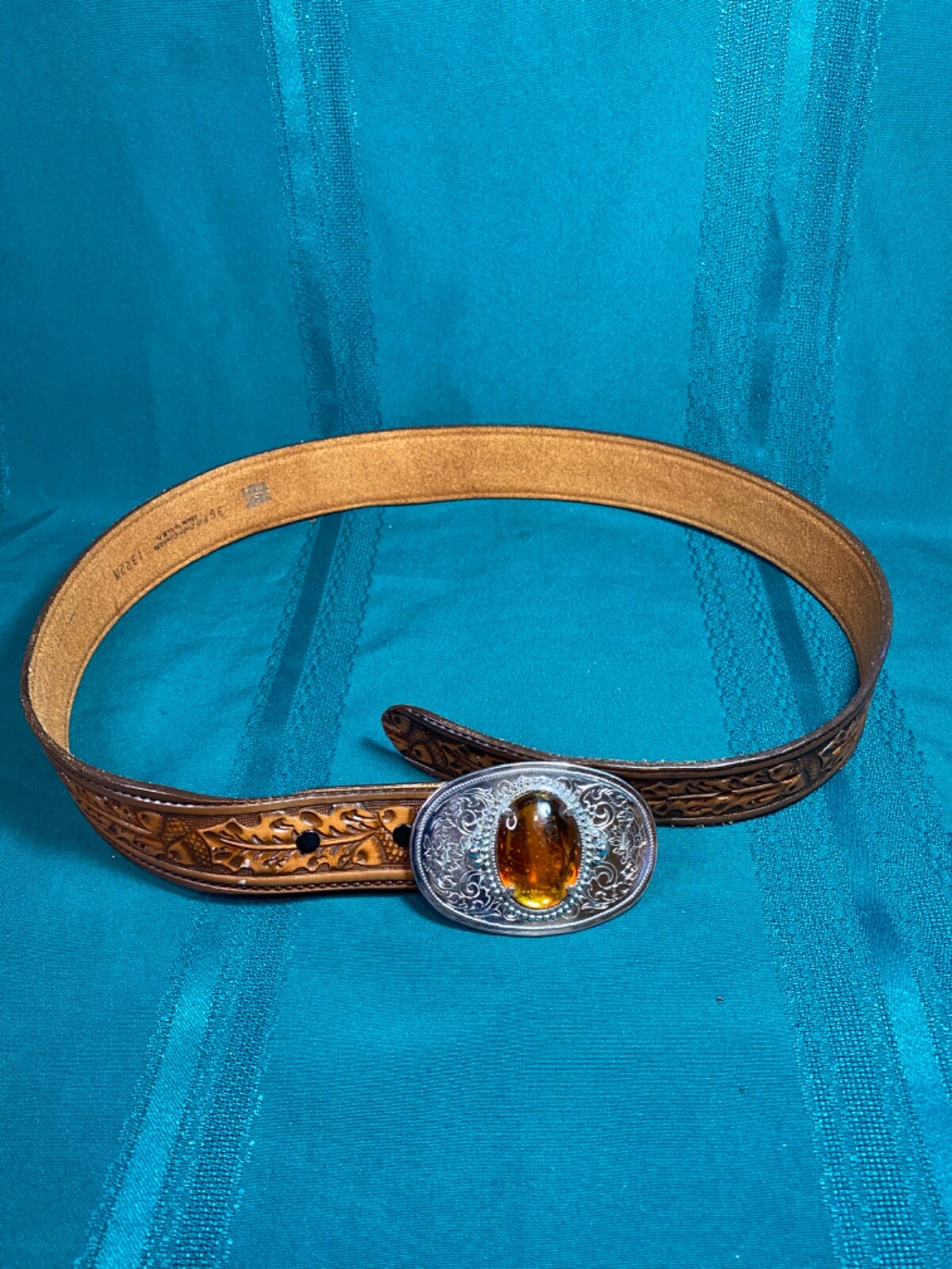 Tex Tan Full Grain Cowhide Belt Size 36 Tool Silver Buckle Polished Amber Stone