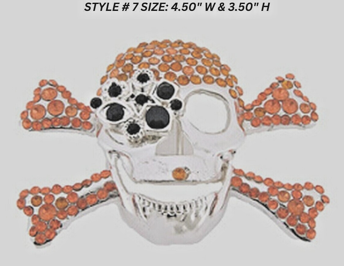 Skull Belt Buckle Crossbones Feather Halloween Pirate Costume Orange Bling Metal