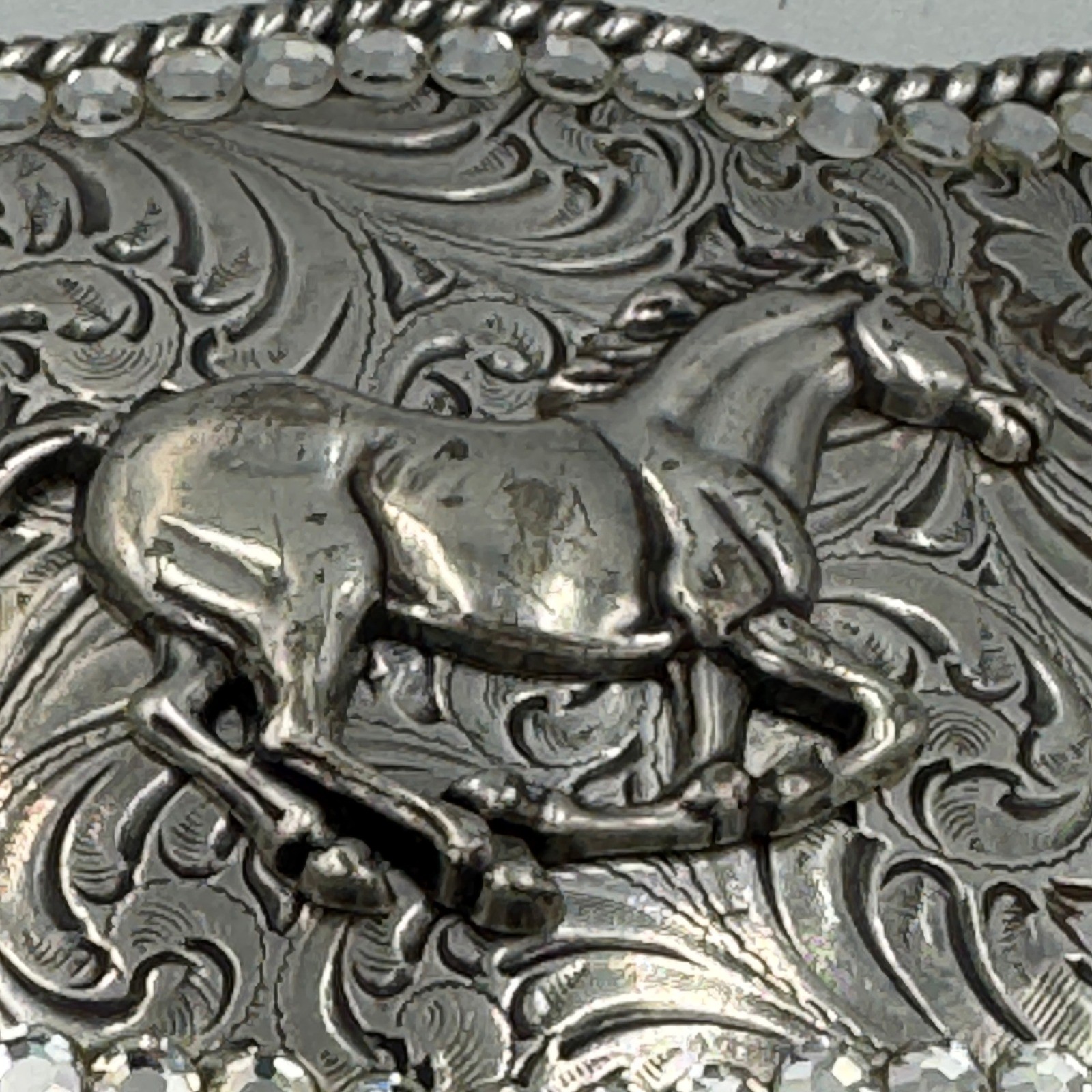 Western Horse Belt Buckle Silver Tone Floral Engraved Rhinestone Border Rodeo