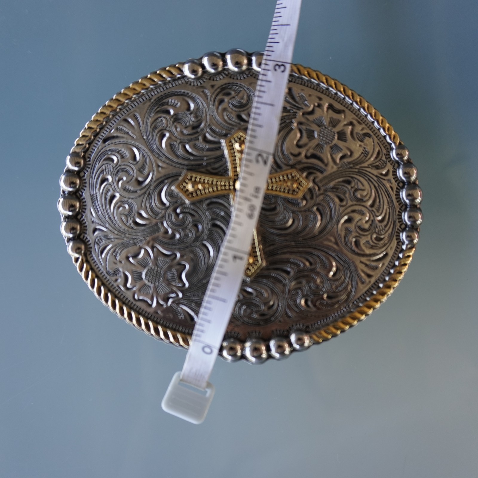 Two Tone Cross Belt Buckle Oval Silver Gold Floral Filigree Western