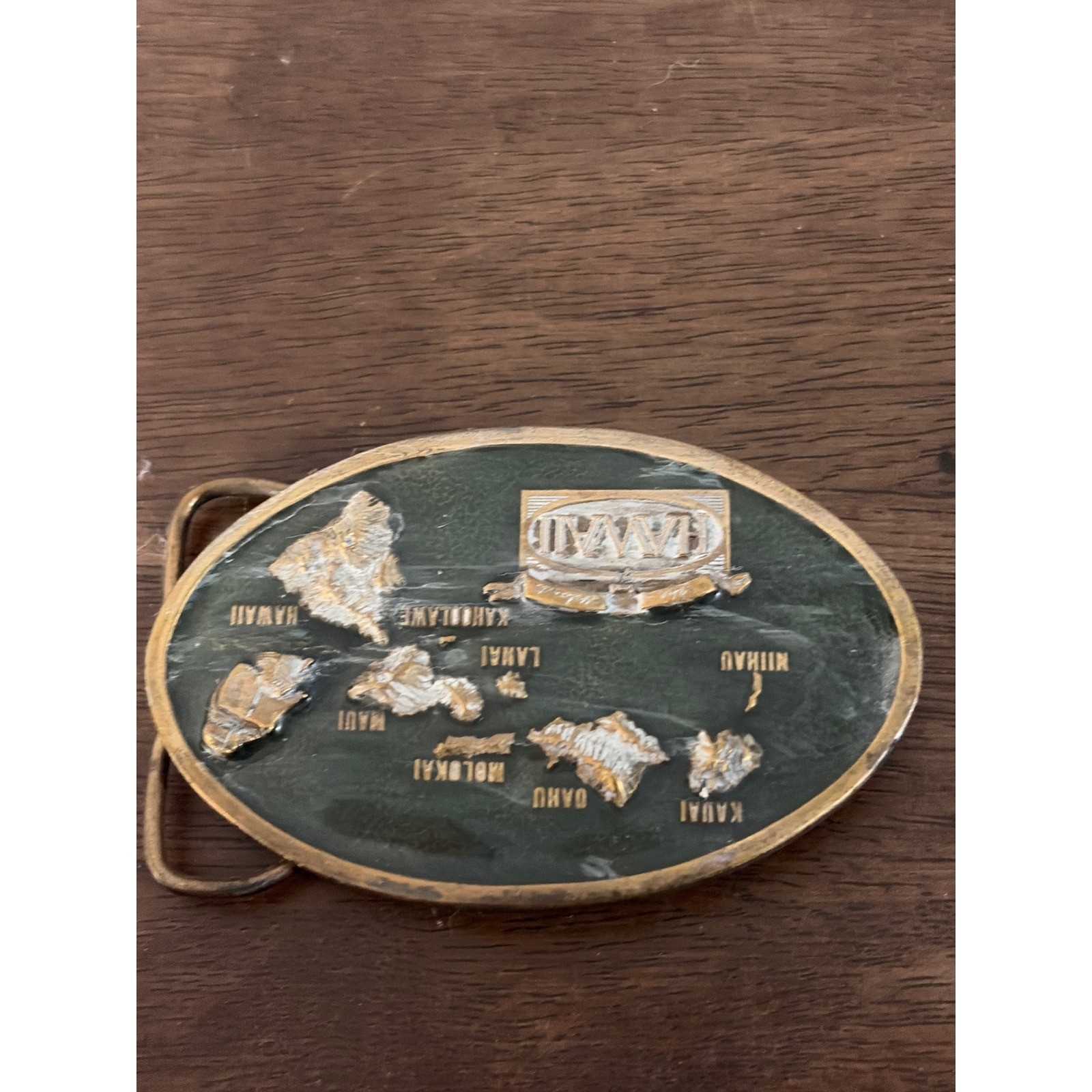 Vintage 1984 Arroyo Grande Buckle Co Hawaii Islands Map Brass Belt Buckle Green