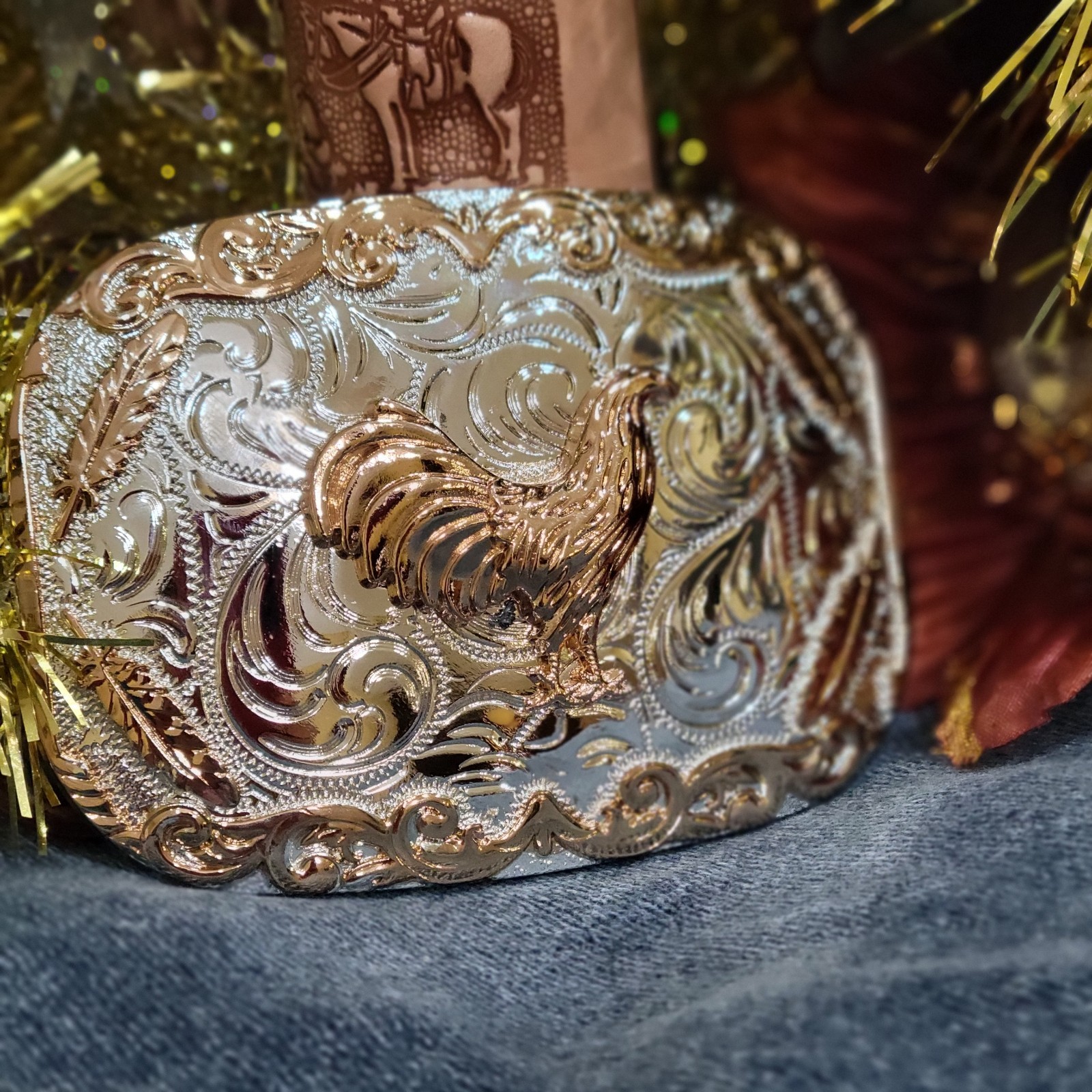 Rooster Cowboy Belt Buckle Western HebillaSilver & Rosetone 4×3.5 Inch