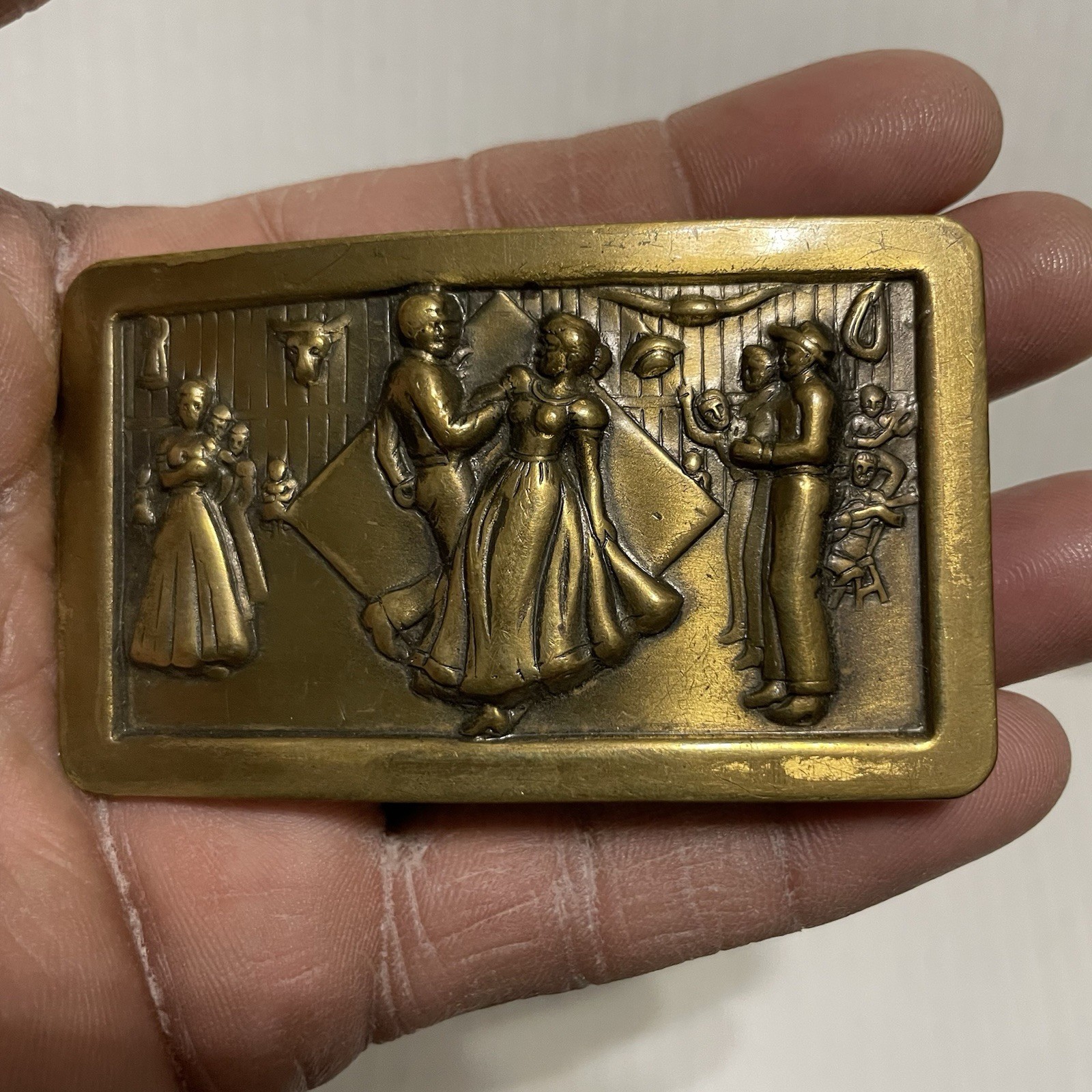 Vintage Western Square Dancing Belt Buckle Cowboy Solid Brass 3D Graphics Rodeo