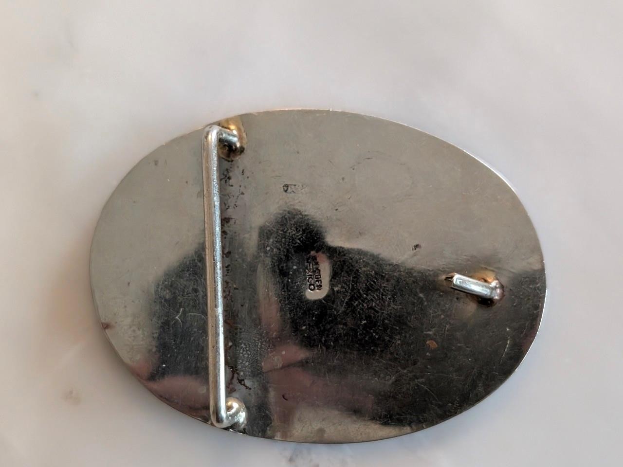 vintage HANDCRAFTED belt buckle ARMADILLO german silver ABALONE western nickel