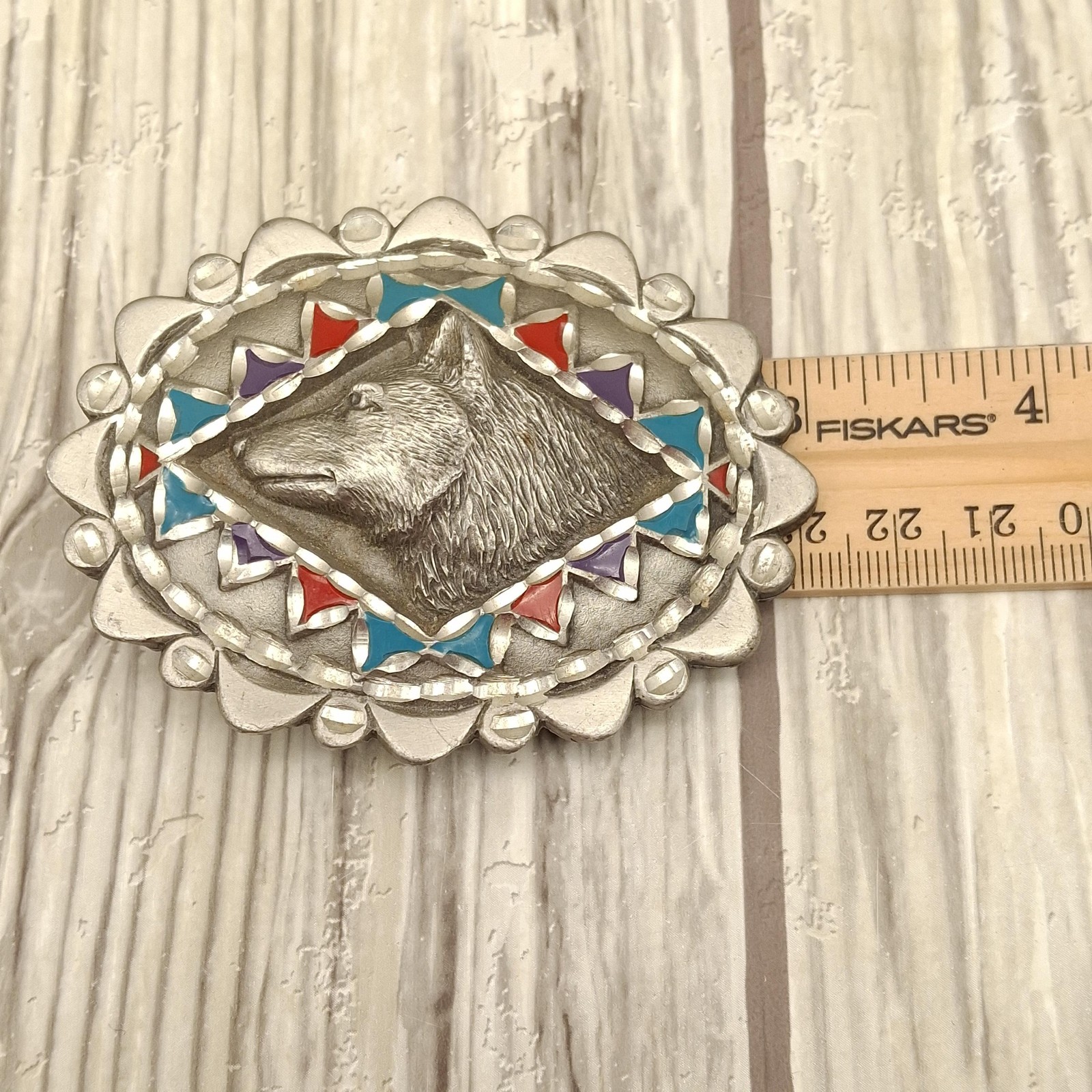 Vtg Great American Products Belt Buckle Pewter Wolf Enamel Oval Western 90s GAP