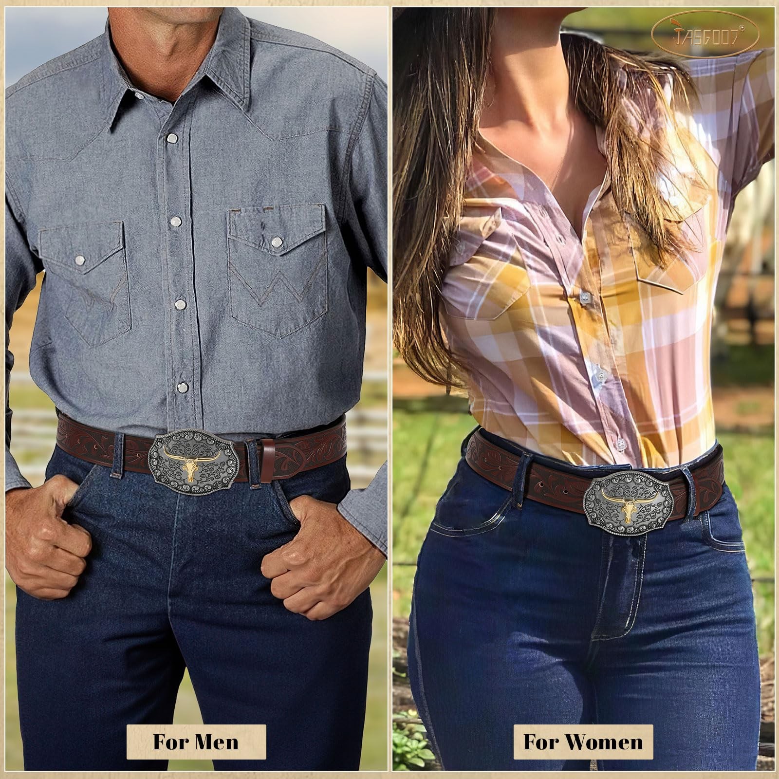 JASGOOD Men&rsquo;s Western Leather Belt, Cowboy Fit Waist Size 34 »-38 », Coffee