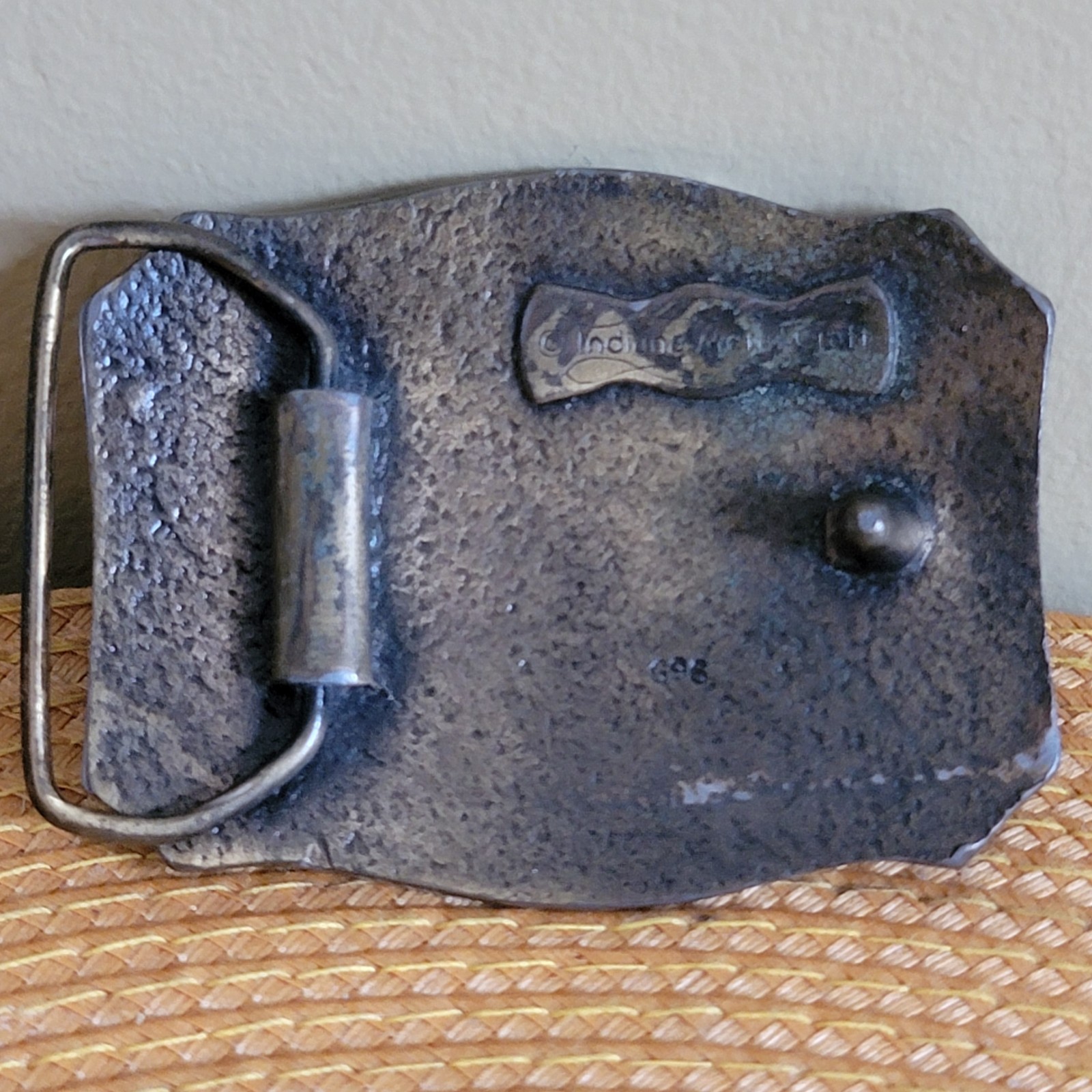 VTG New England Antiqued Brass Belt Buckle Embossed Country Road Indiana Metal