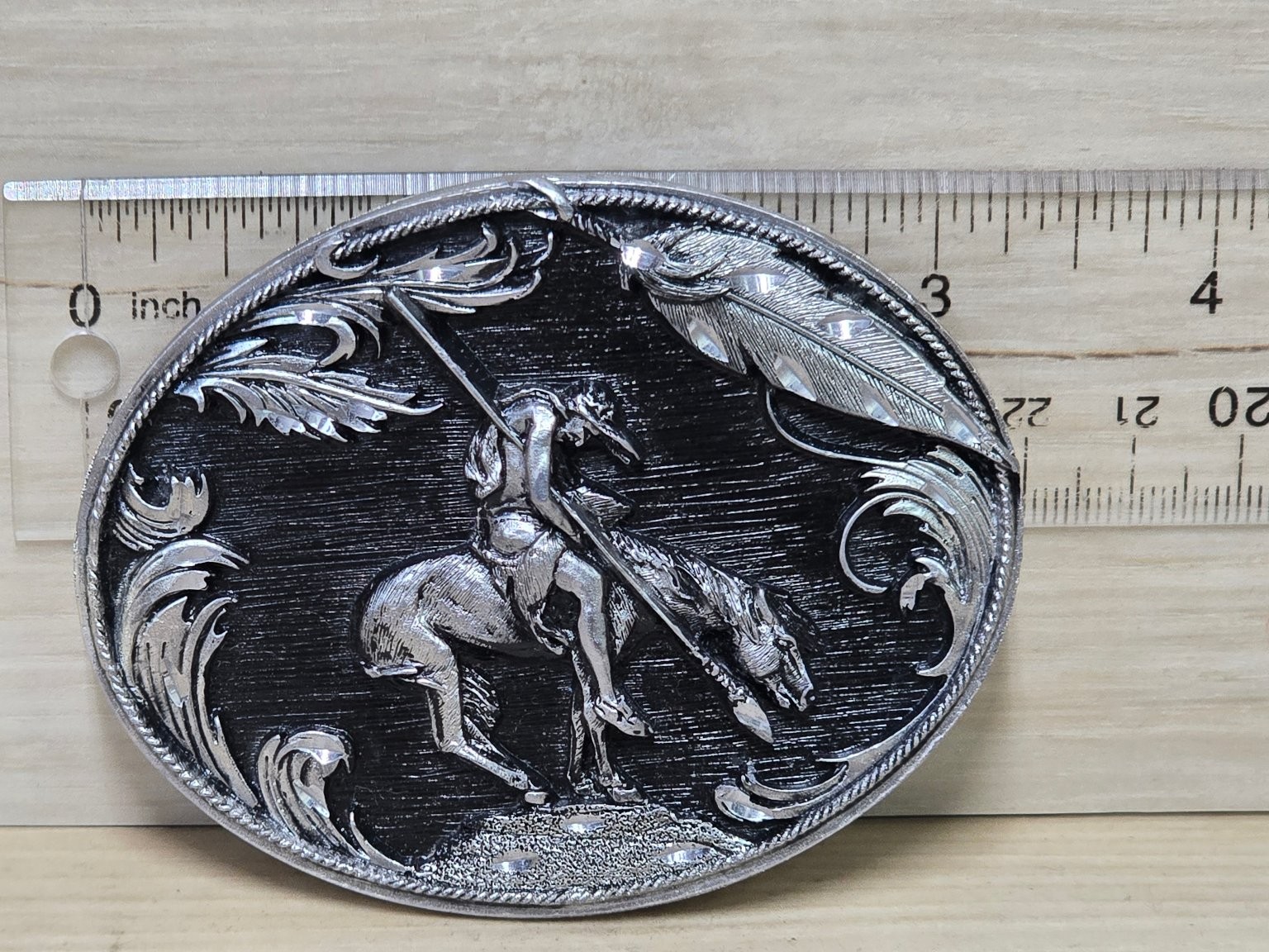 Vintage Native American Warrior Horse Belt Buckle Silver Tone Black Western