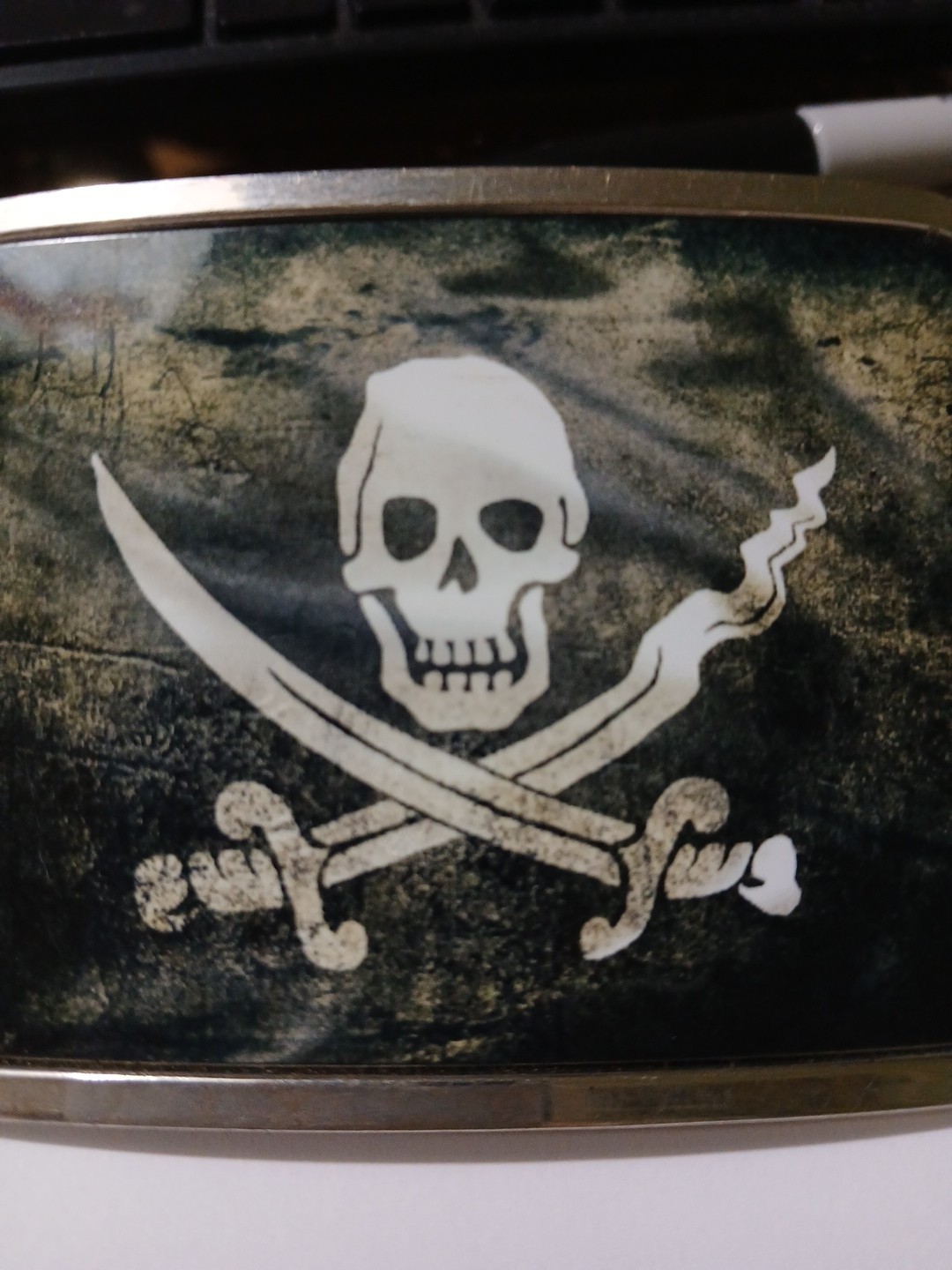 Skull Crossed Swords Belt Buckle Black White 2 1/2 X 4 Silver