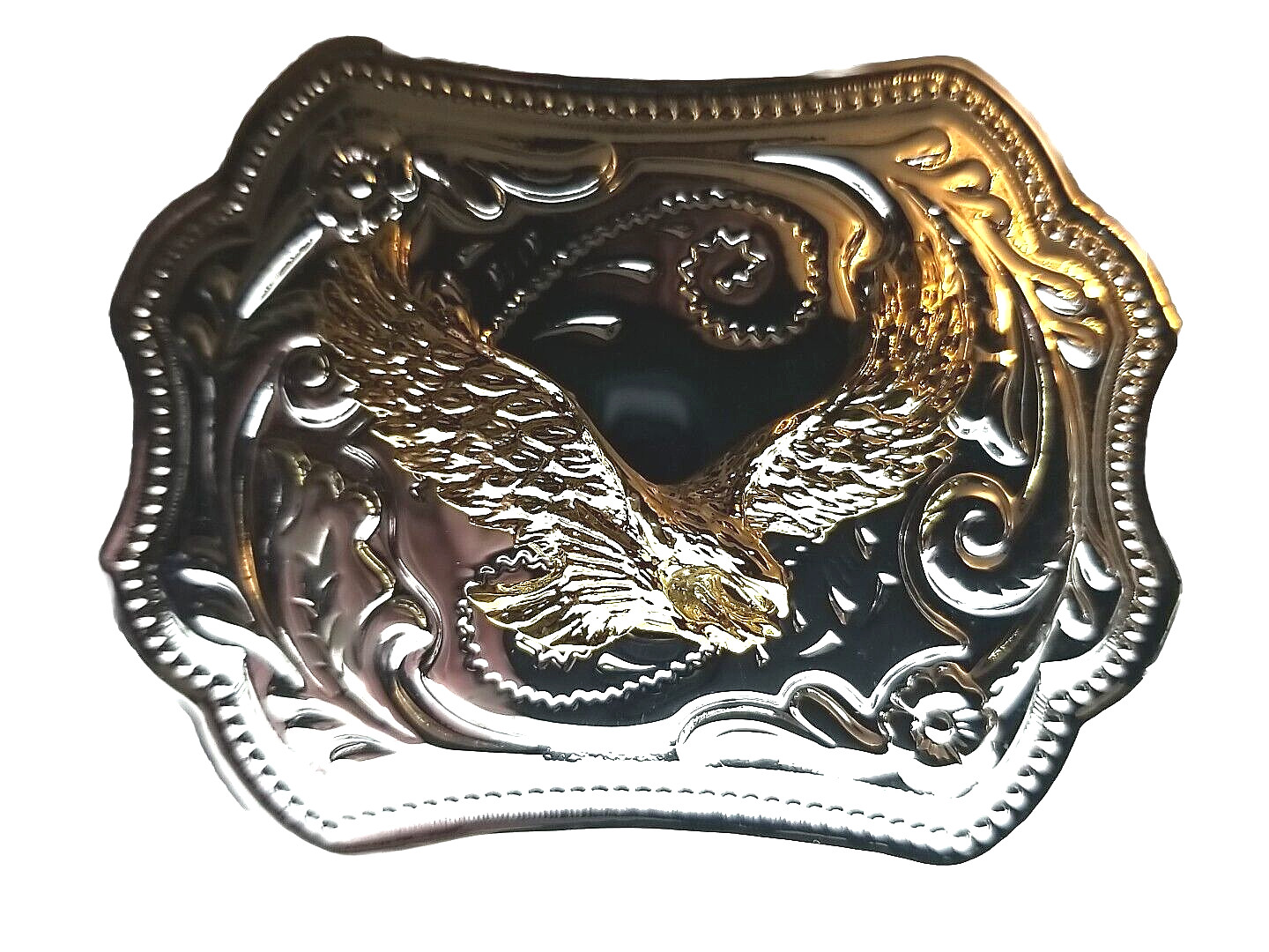 FLYING EAGLE Belt BUCKLE Gold on Silver Rectangular Metal Western/Biker/USA