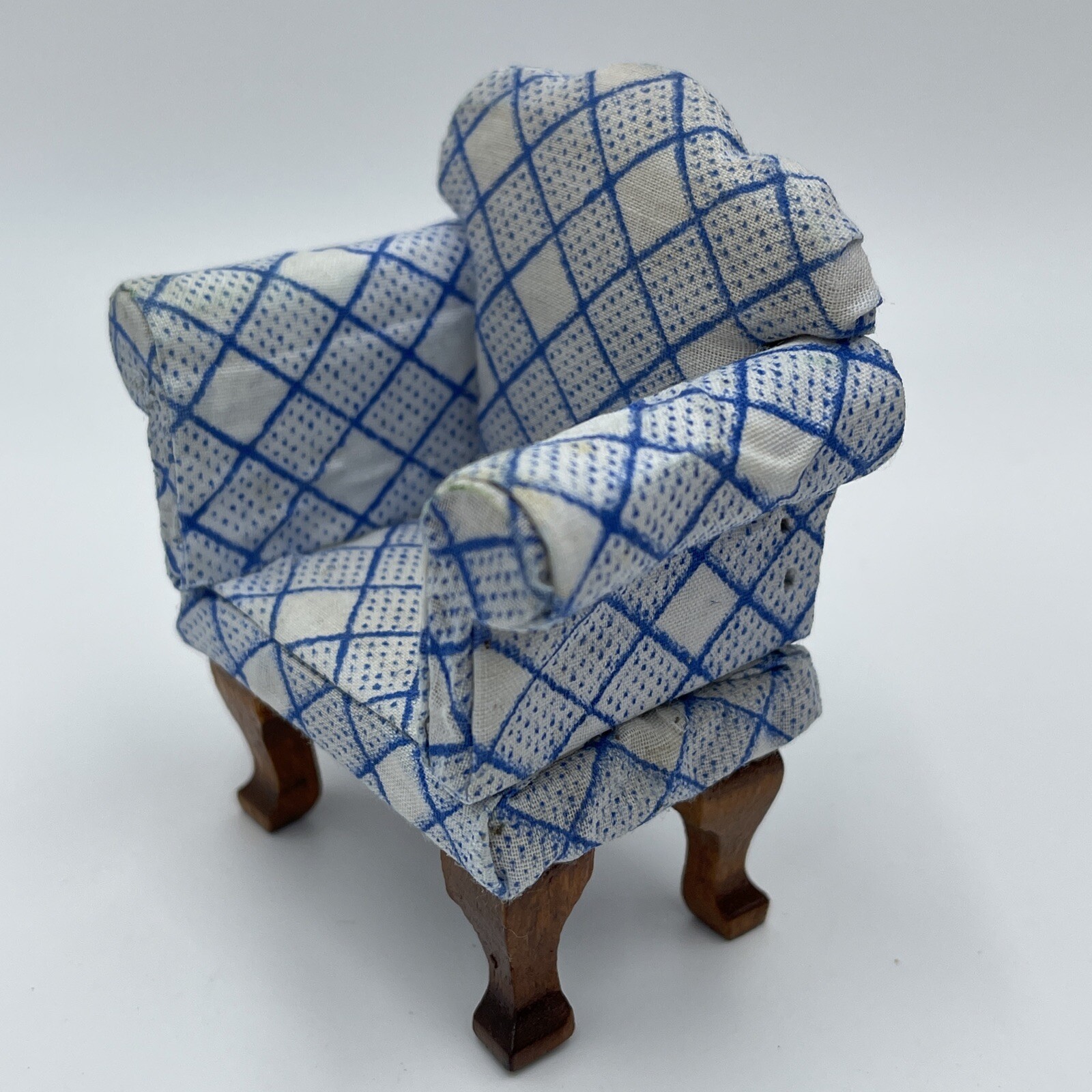 Vintage Doll House Upholstered Arm Chair Checker Stripes White Blue Print READ